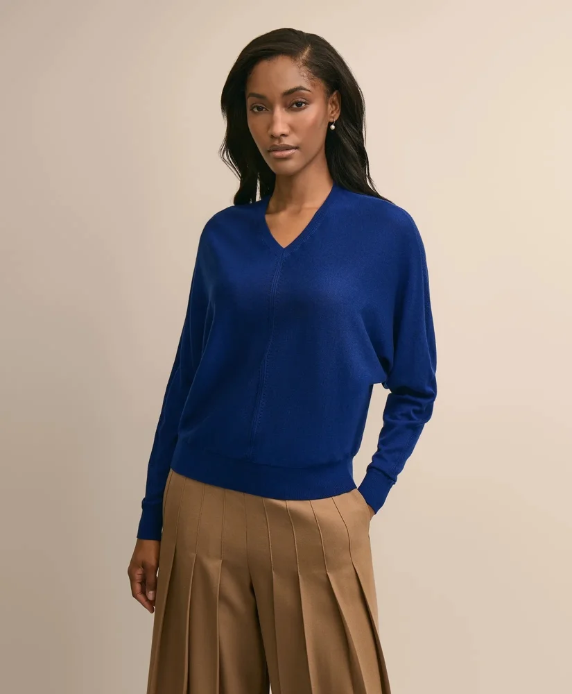 Silk-Cotton Dolman-Sleeve V-Neck Sweater - 1