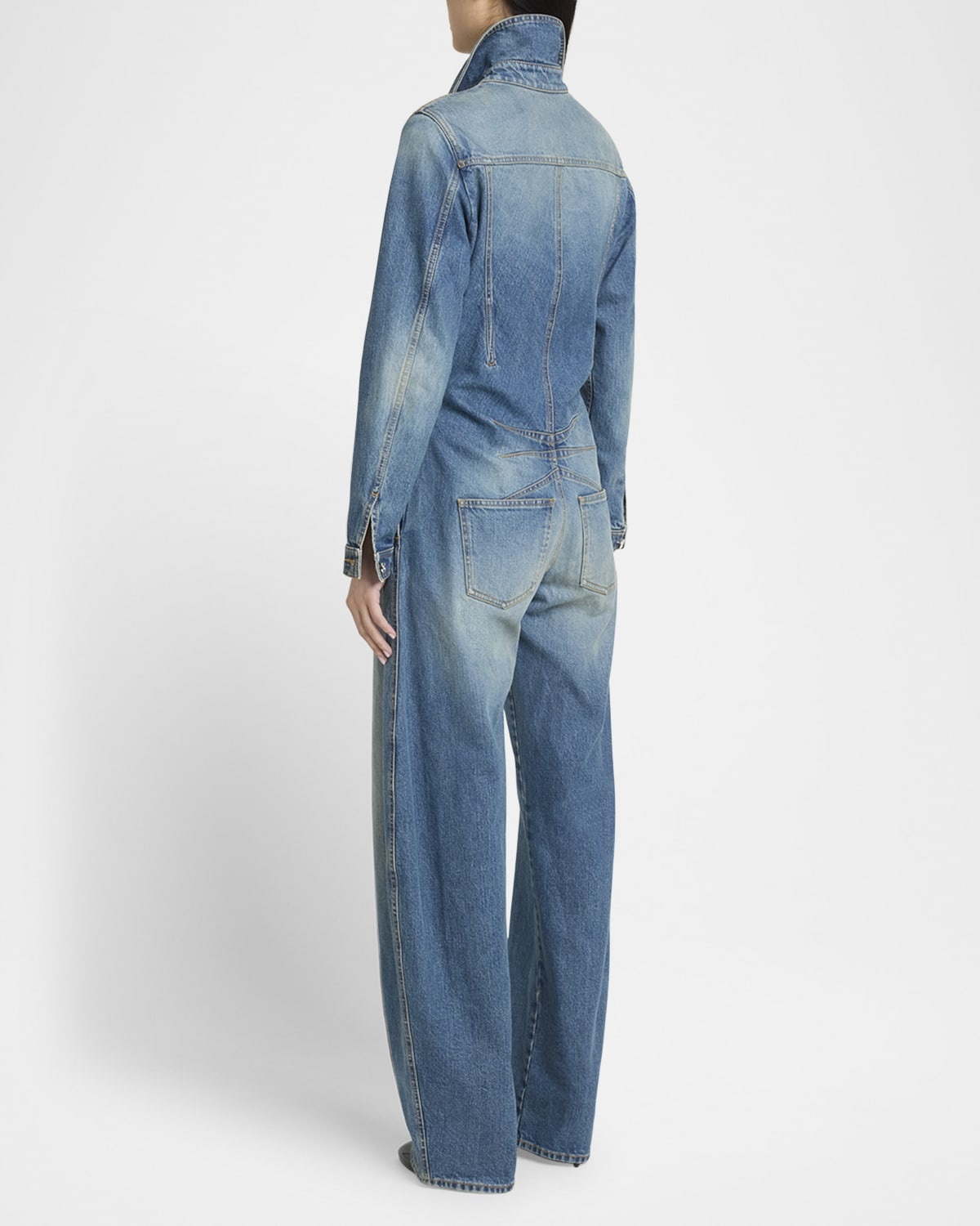 Alaïa Long-Sleeve Barrel Wide-Leg Denim Jumpsuit