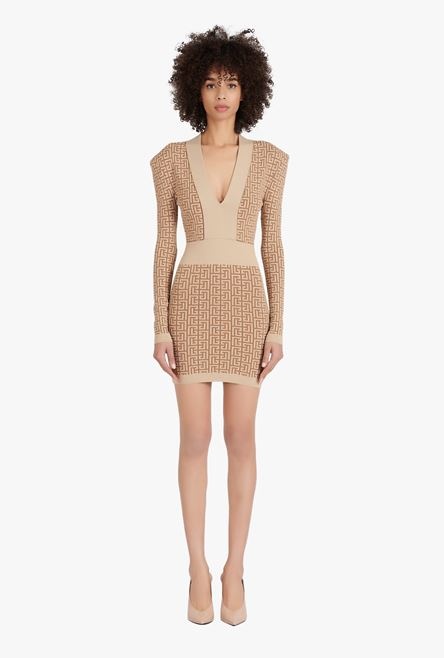 Short brown and gold knit dress with Balmain monogram - 4