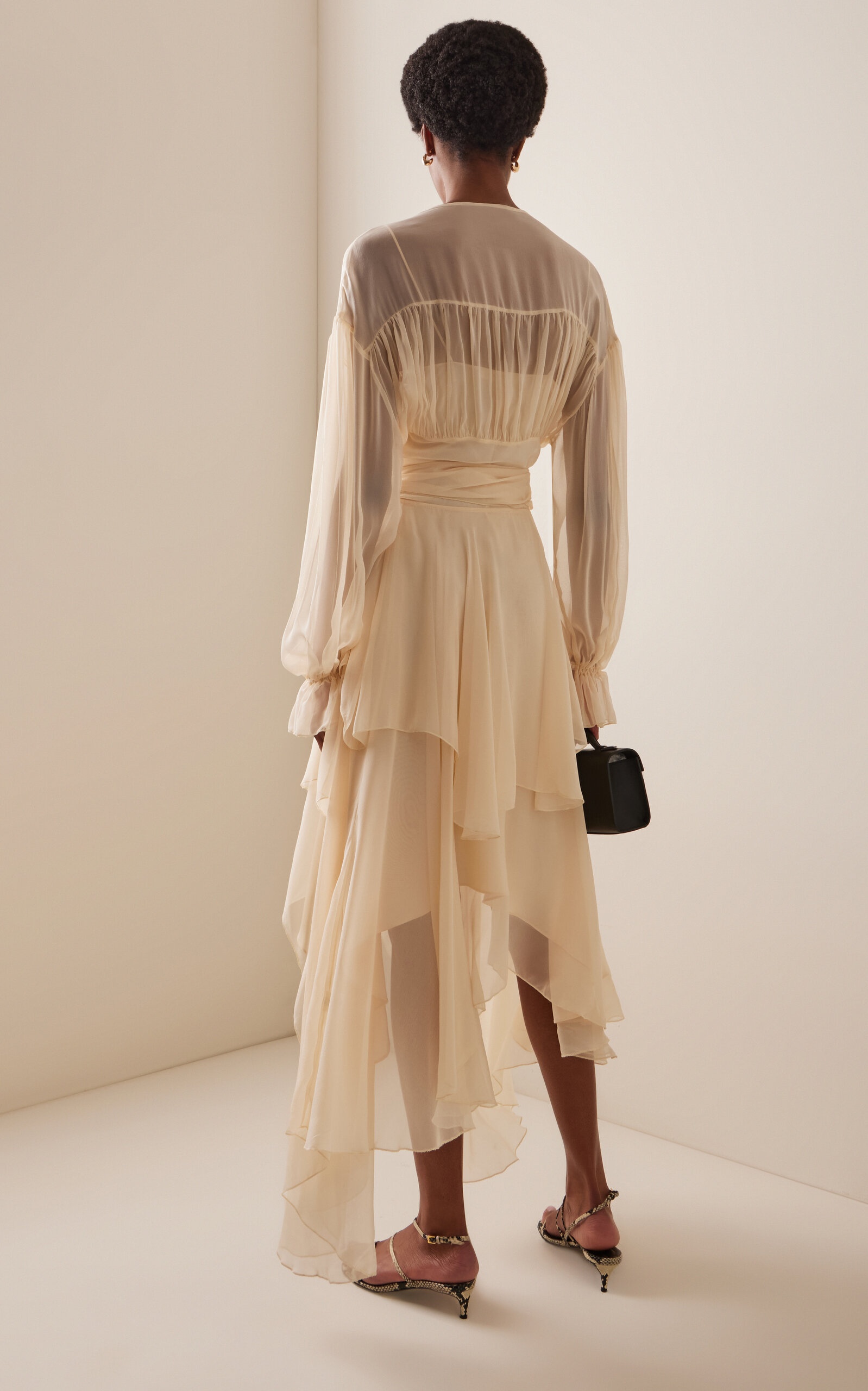 Tie-Detailed Silk-Chiffon Midi Dress off-white - 4