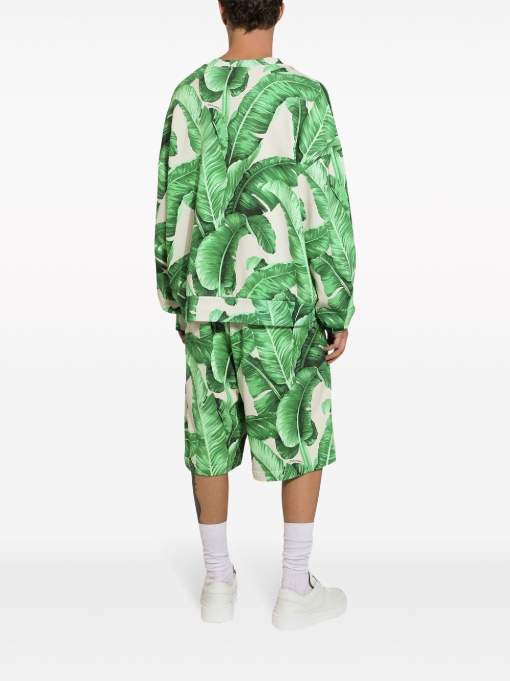 leaf-print cotton track shorts - 4