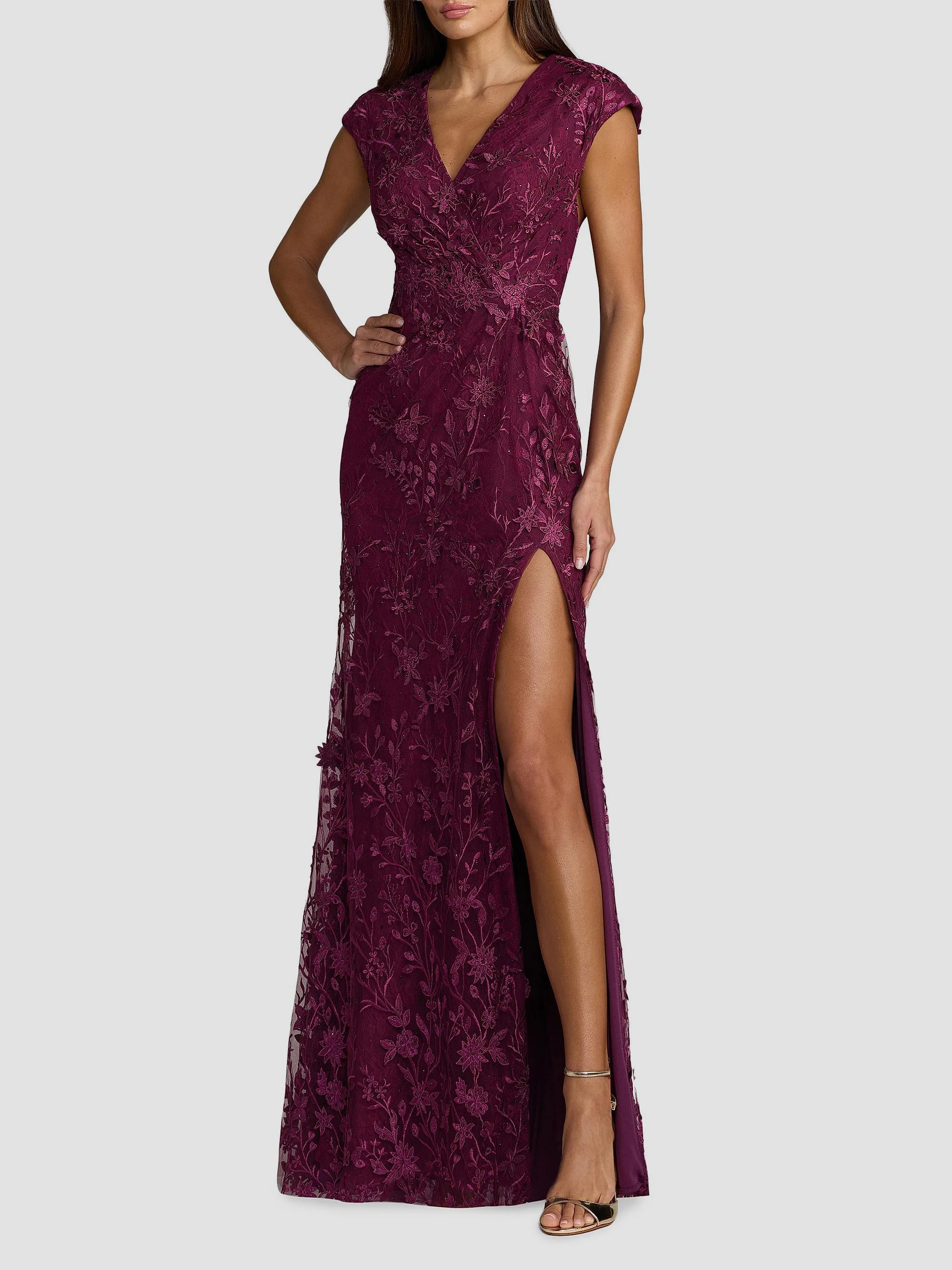 Women's Floral Appliqué Surplice Neck Gown - Amethyst - 1
