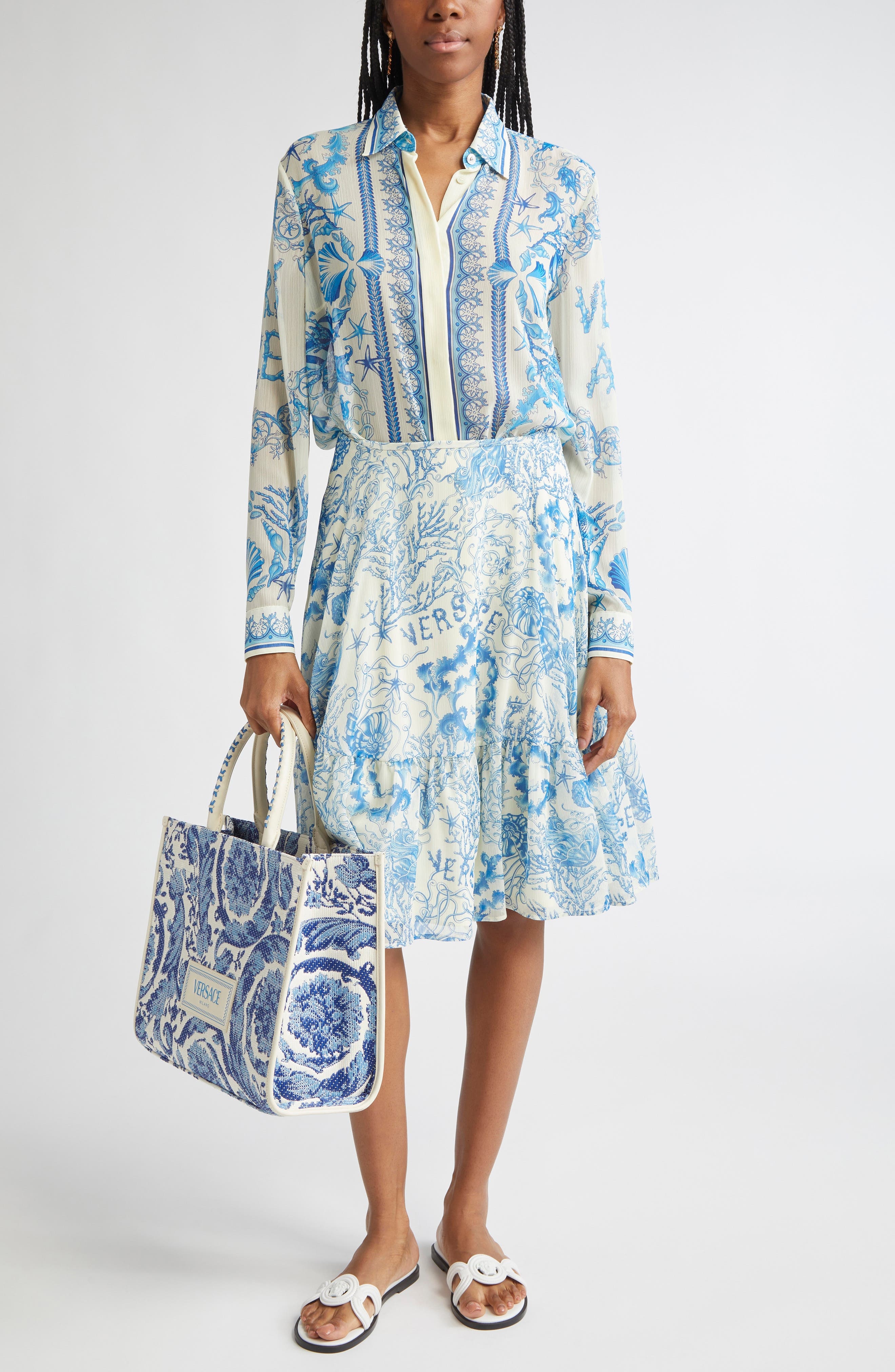 Versace Underwater Barocco Techno Crepon Skirt in Eggshell Bright Dv Blue at Nordstrom - 2