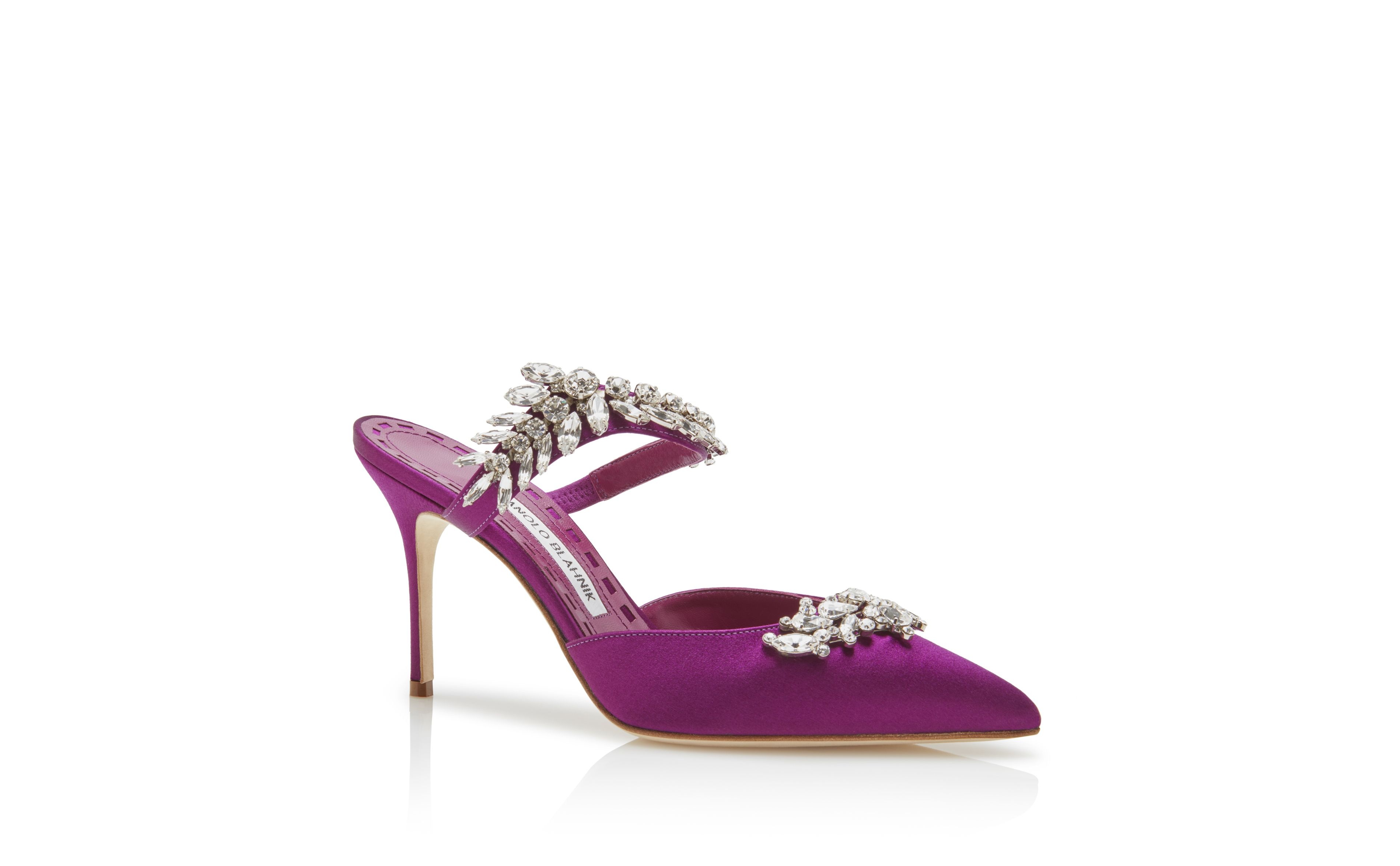 Manolo Blahnik Purple Satin Crystal Embellished Mules