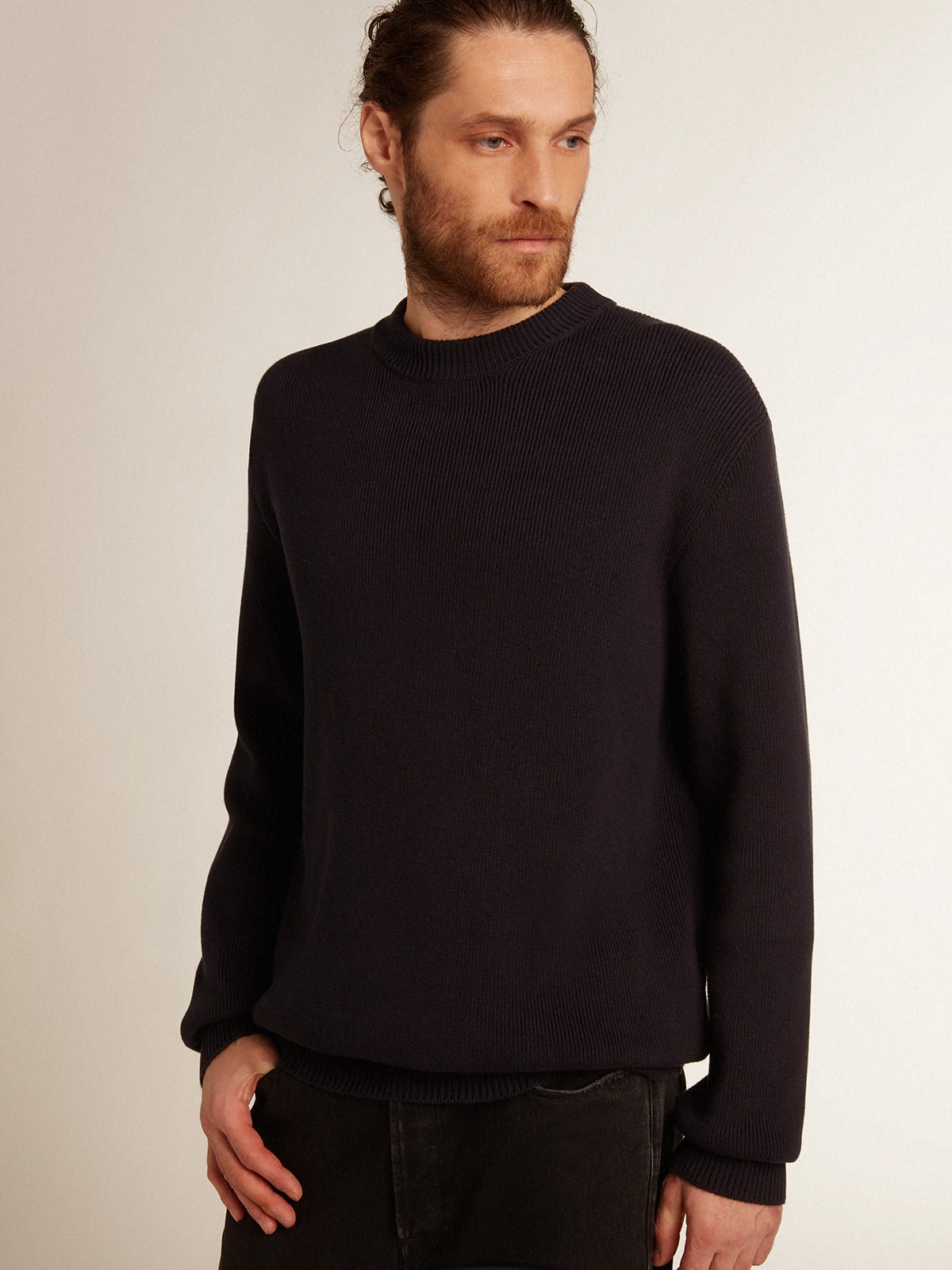 Men's round-neck sweater in dark blue cotton with logo - 2