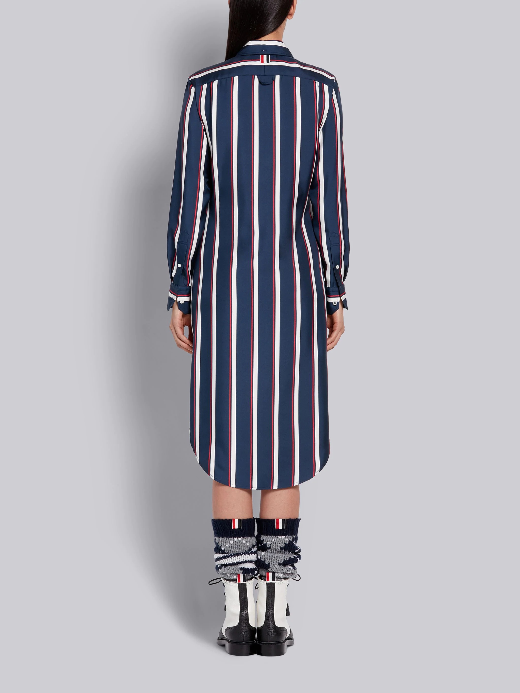 Tricolor Silk Twill Bold Rep Stripe Round Collar Long Sleeve Shirt Dress - 3