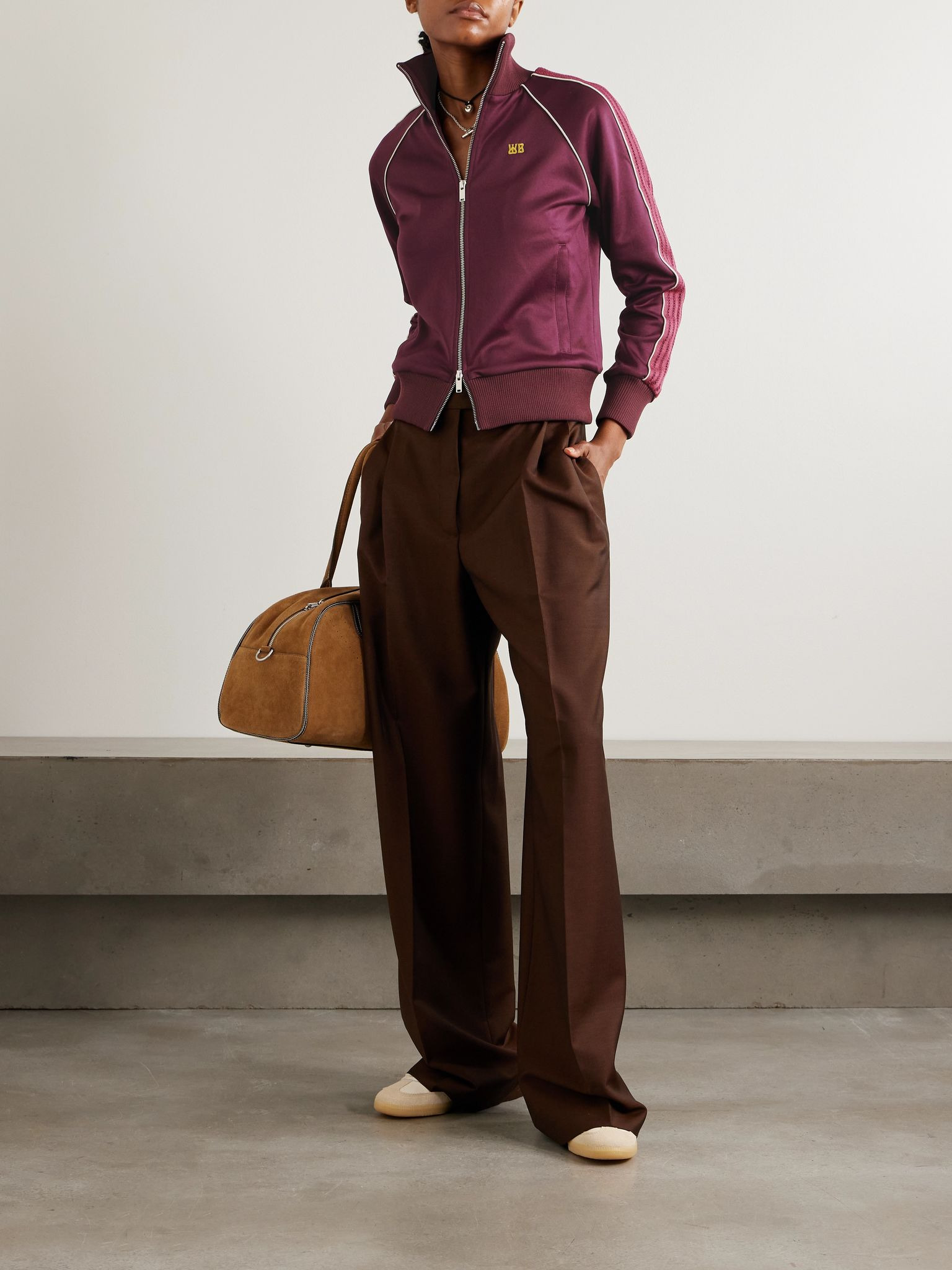 Mantra knit-trimmed embroidered jersey jacket Burgundy - 2