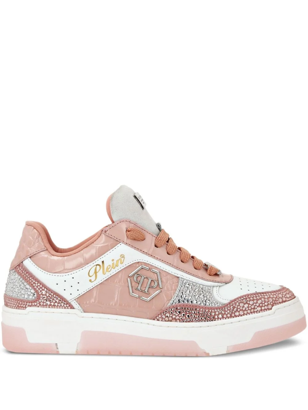 crystal-embellished croc-embossed leather sneakers - 1