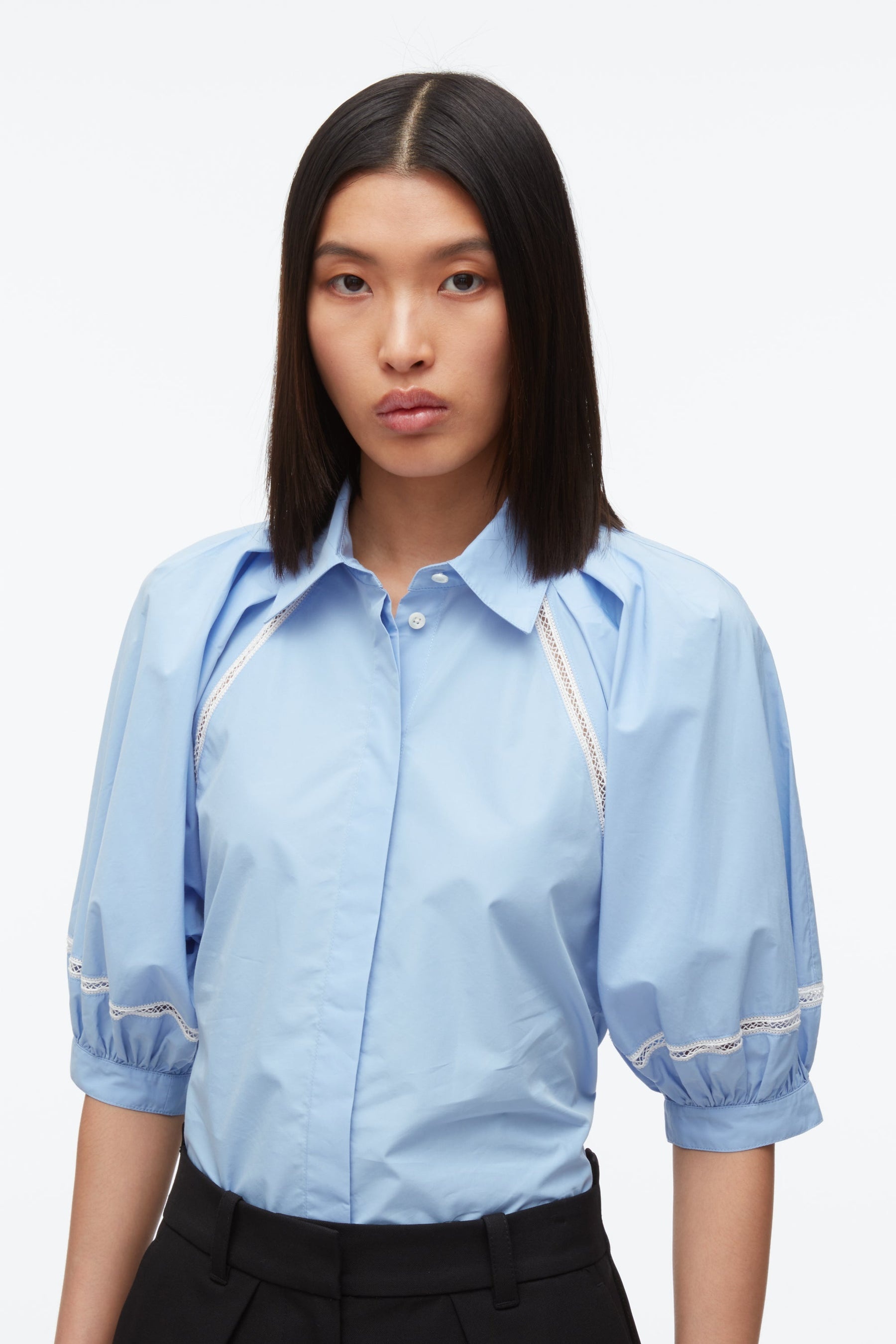 Lantern Sleeve Shirt With Lattice Trim - 5