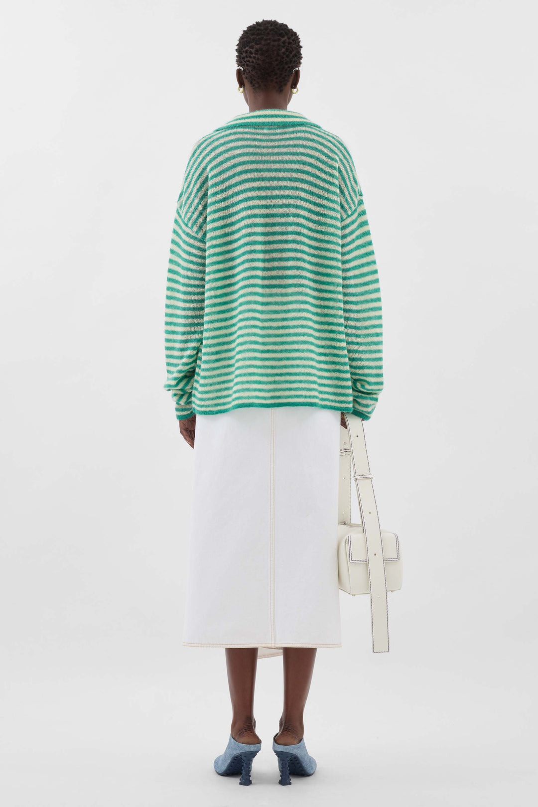 STIPED MOHAIR CARDIGAN / off white & jade green - 4