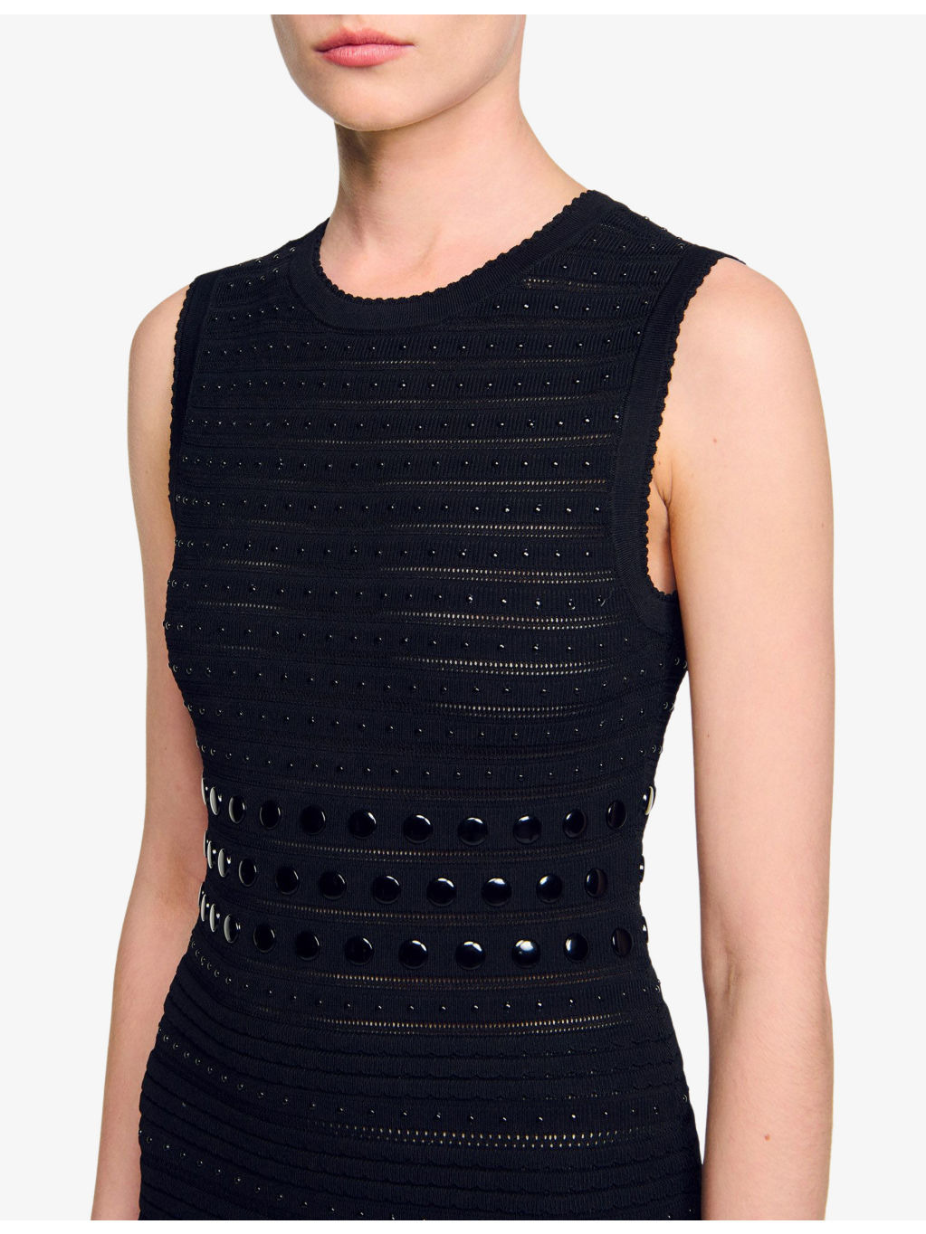 Sleeveless Stud-Embellished Knitted Midi Dress - 5