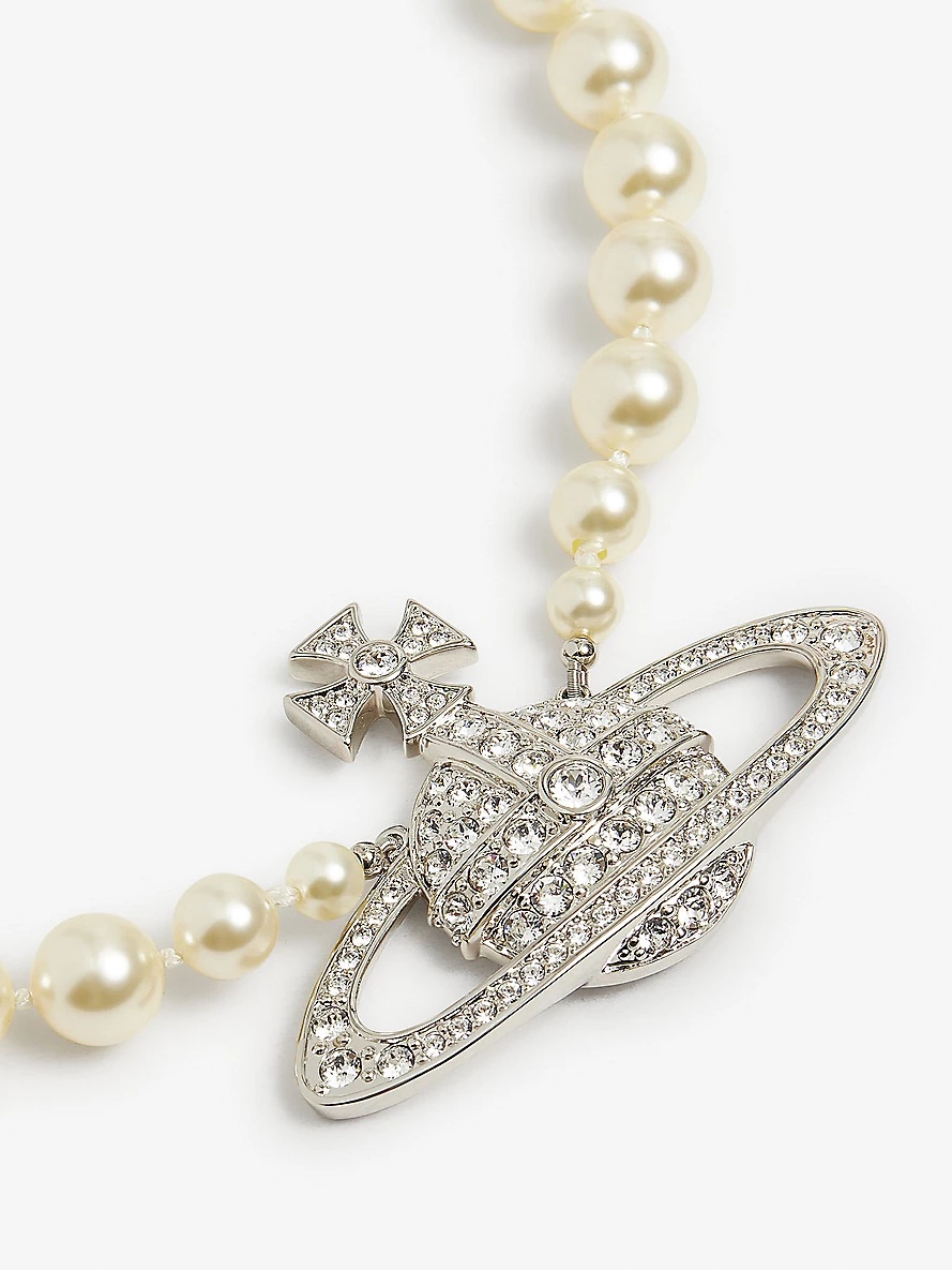Bas Relief orb-pendant brass, Swarovski crystals and pearl necklace - 2