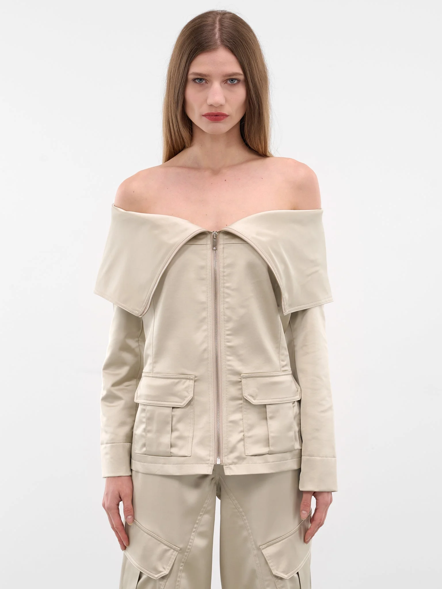 Ecru Satin Off-Shoulder Zip Jacket - 1