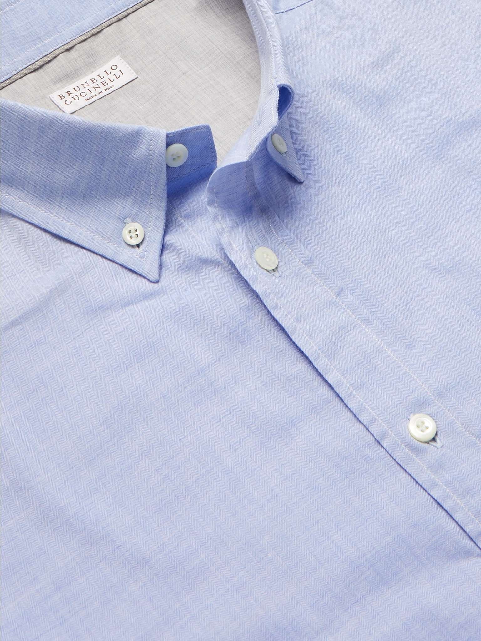 Button-Down Collar Herringbone Cotton Shirt - 8