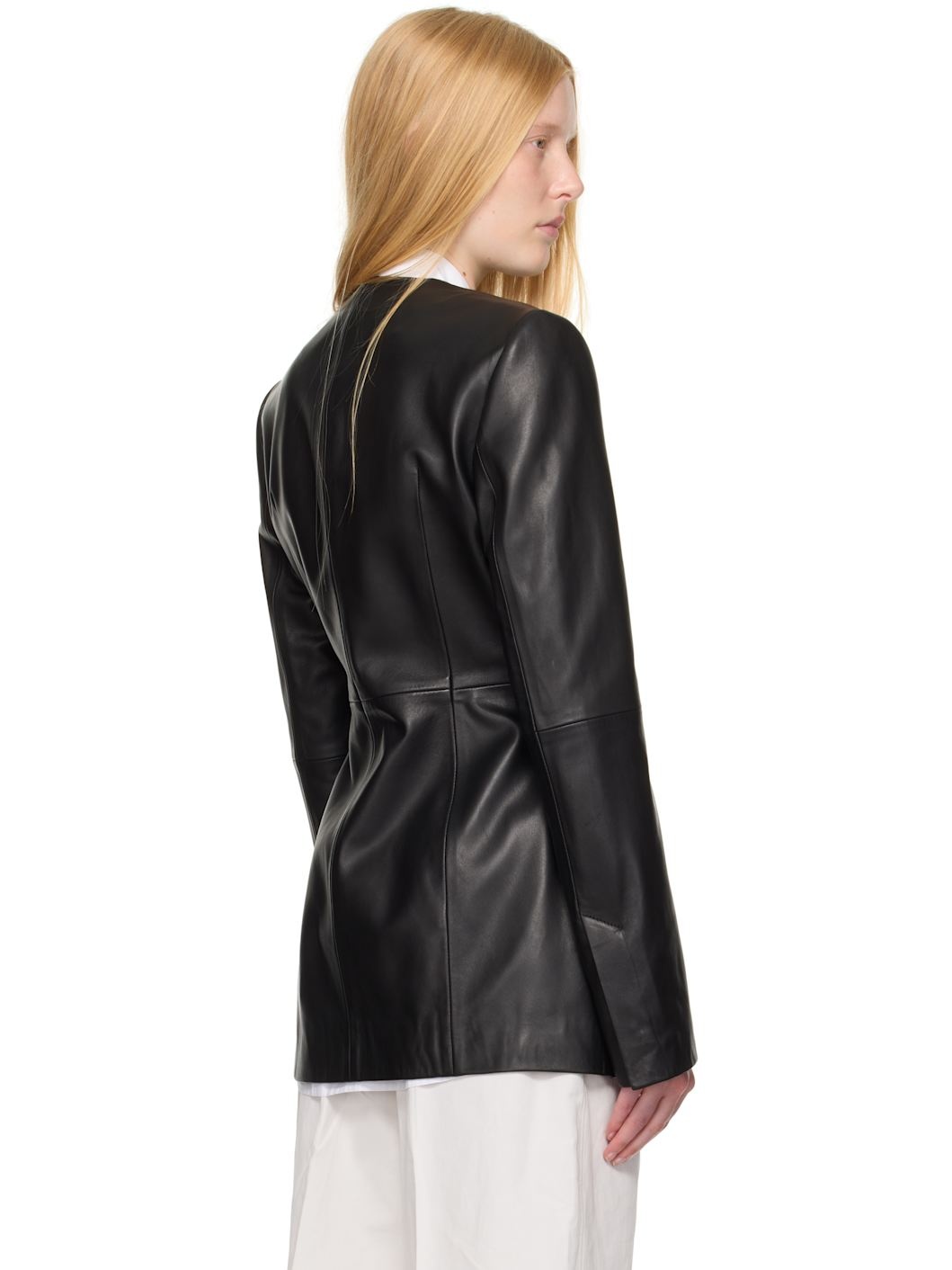 Black Collarless Leather Jacket - 3
