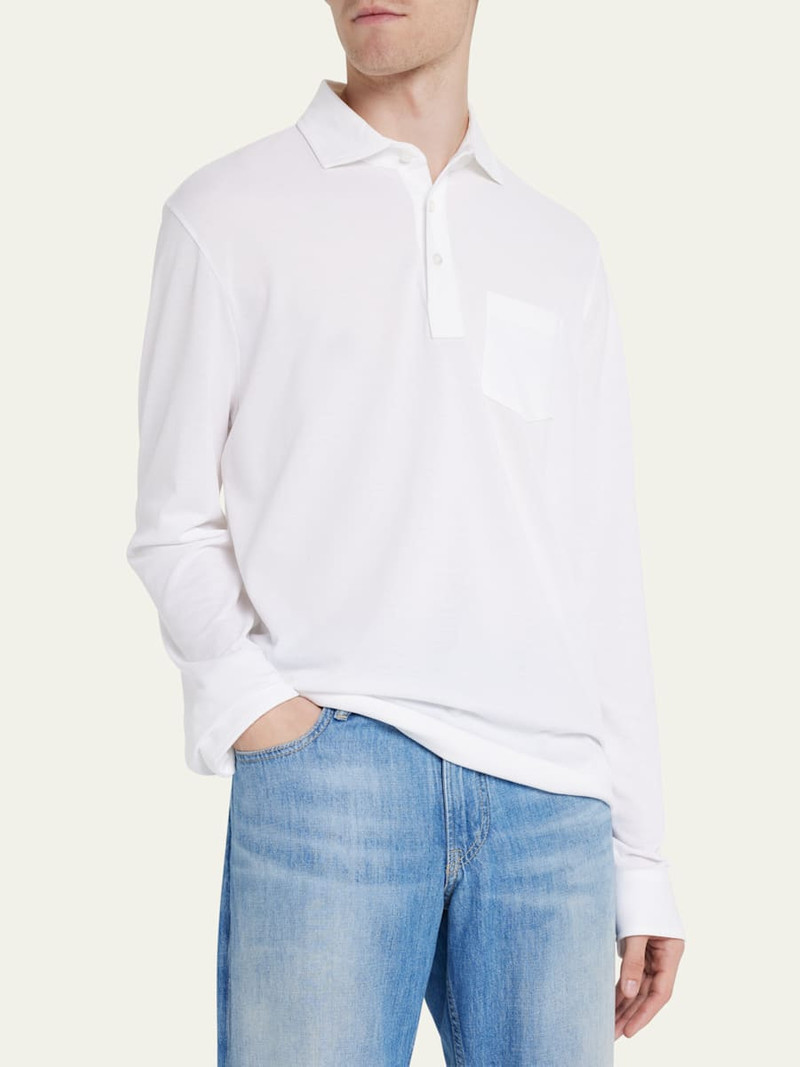 Ralph Lauren Men's Washed Long-Sleeve Pocket Polo Shirt, White outlook