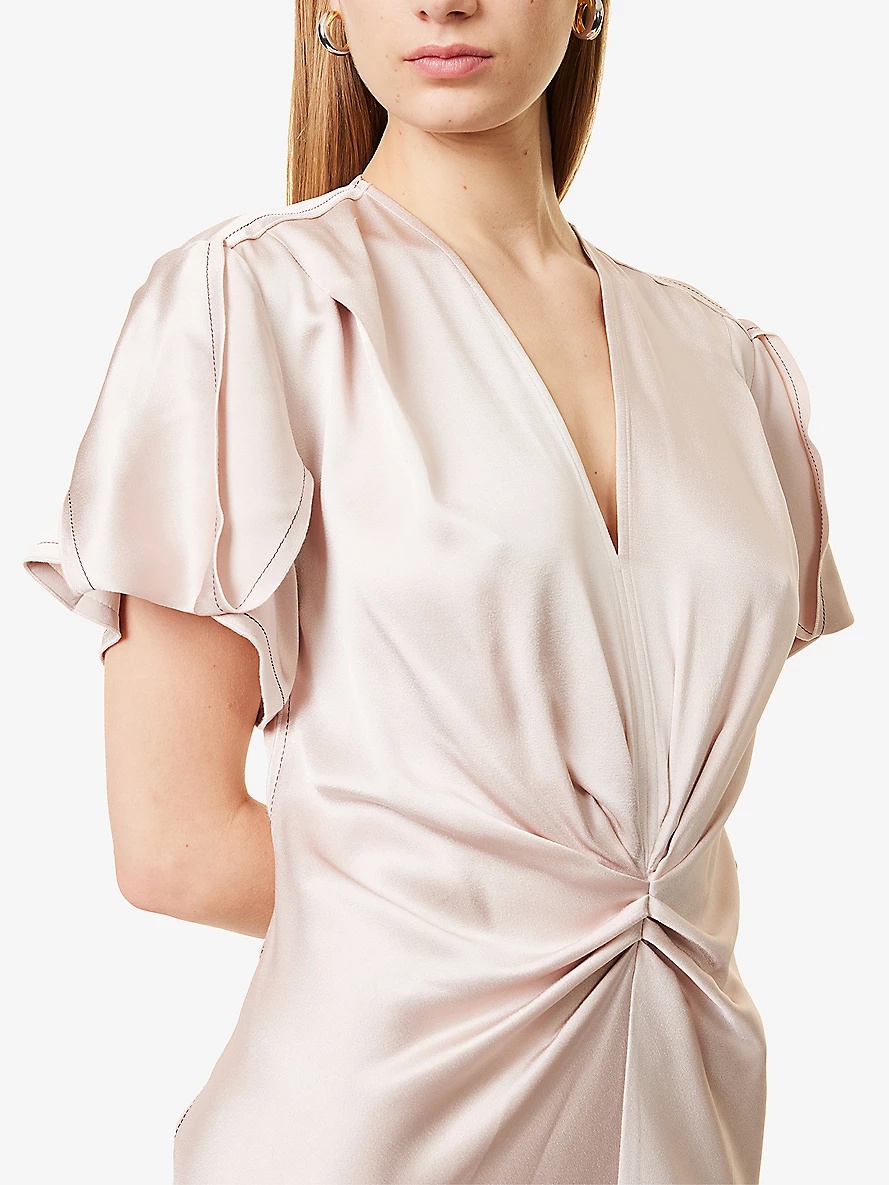 Draped Pleat V-Neck Satin Midi Dress - 5