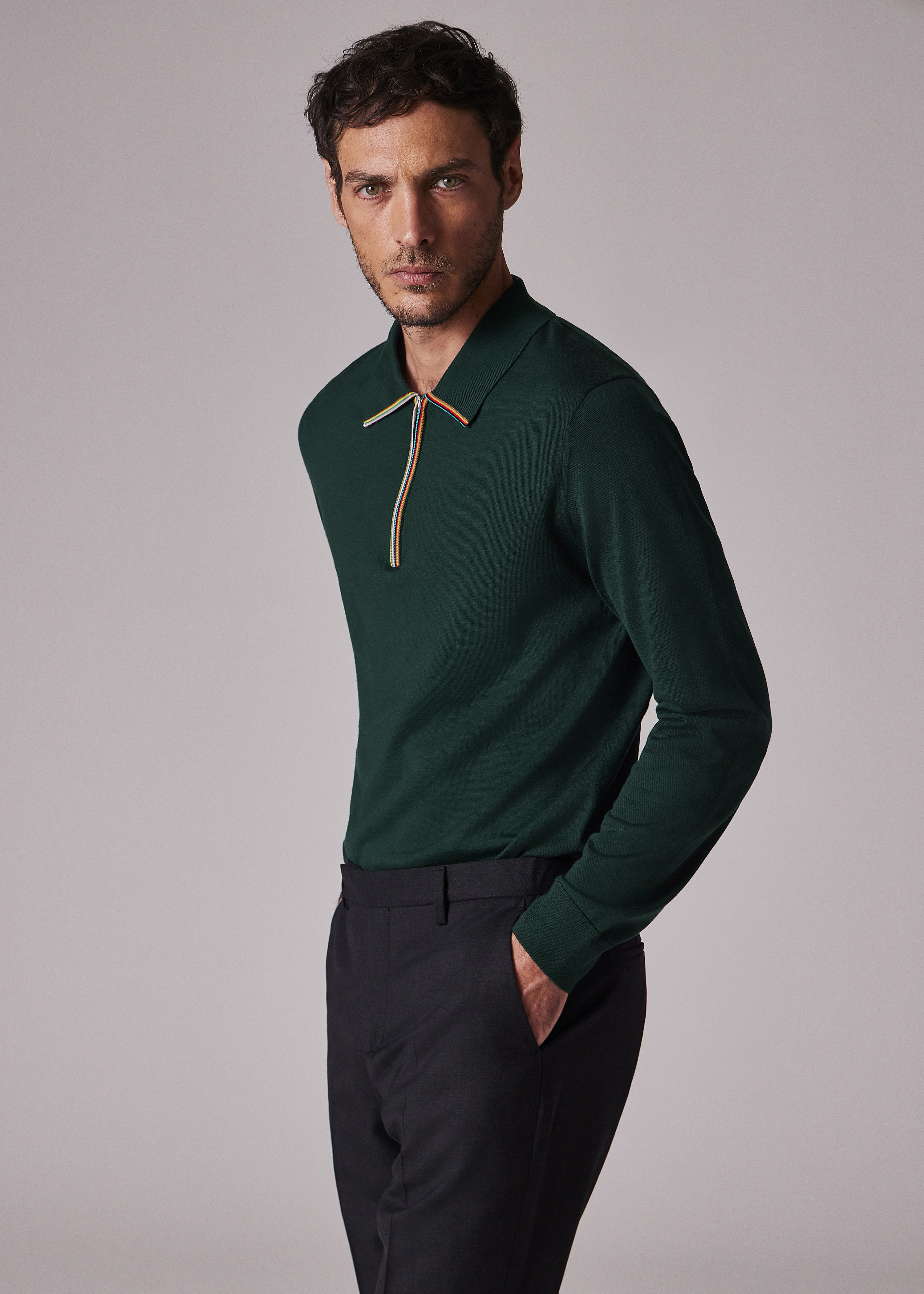 Dark Green 'Signature Stripe' Zip Trim Merino Wool Polo Shirt - 4