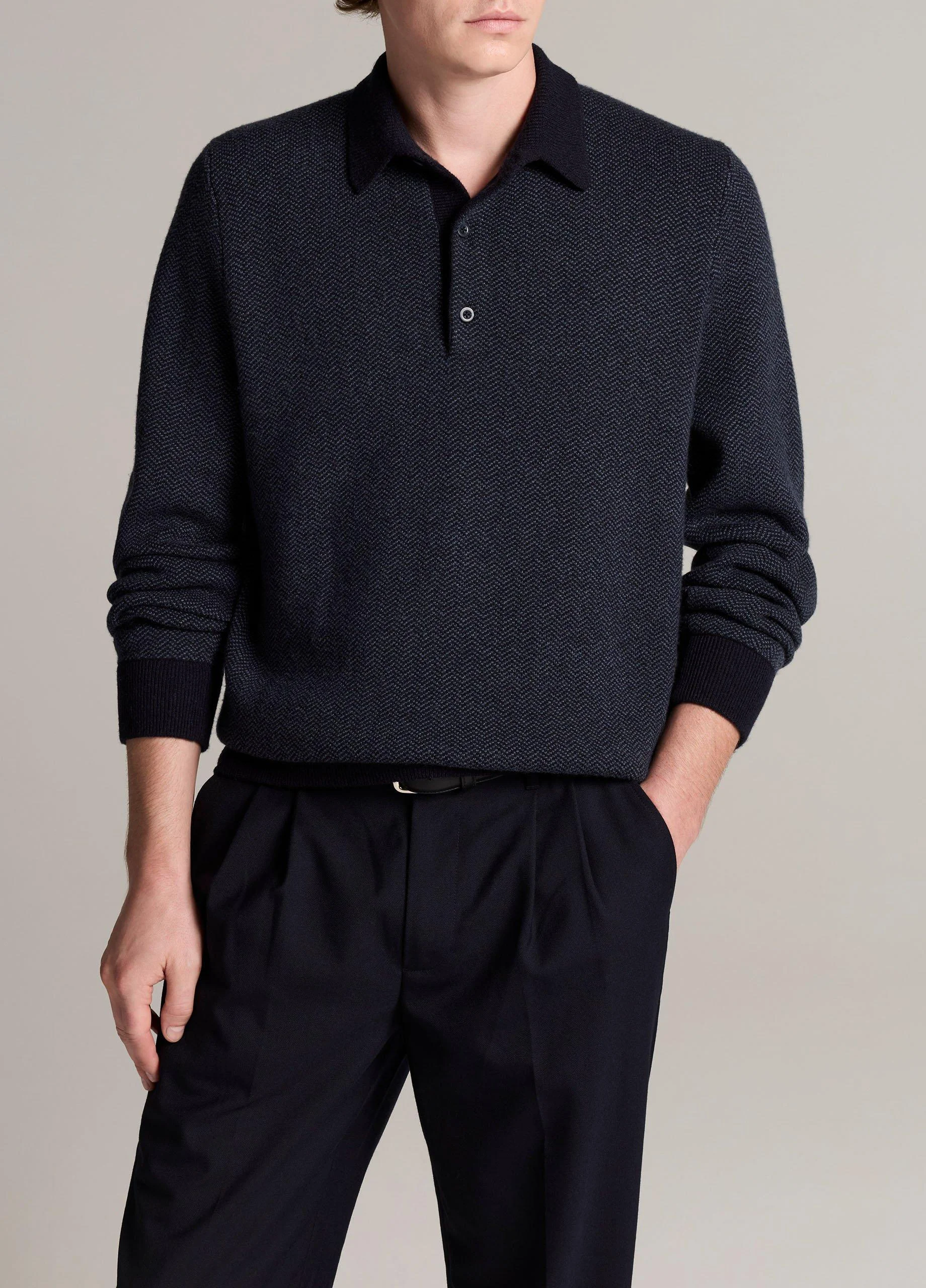 Double-Knit Herringbone Wool-Cashmere Polo Sweater - 1
