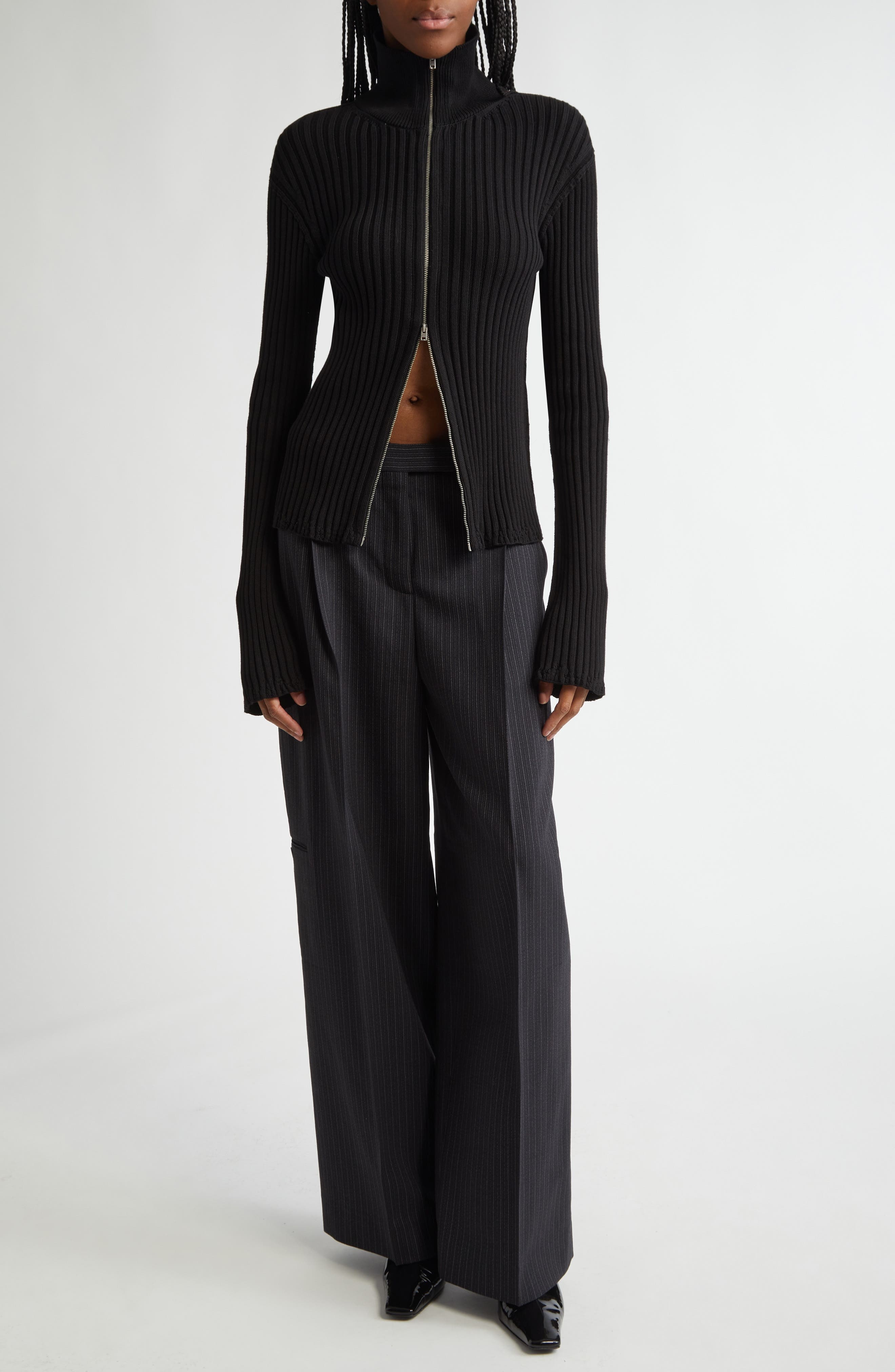 Acne Studios Koton Zip Cotton Rib Cardigan in Black 900 at Nordstrom - 2