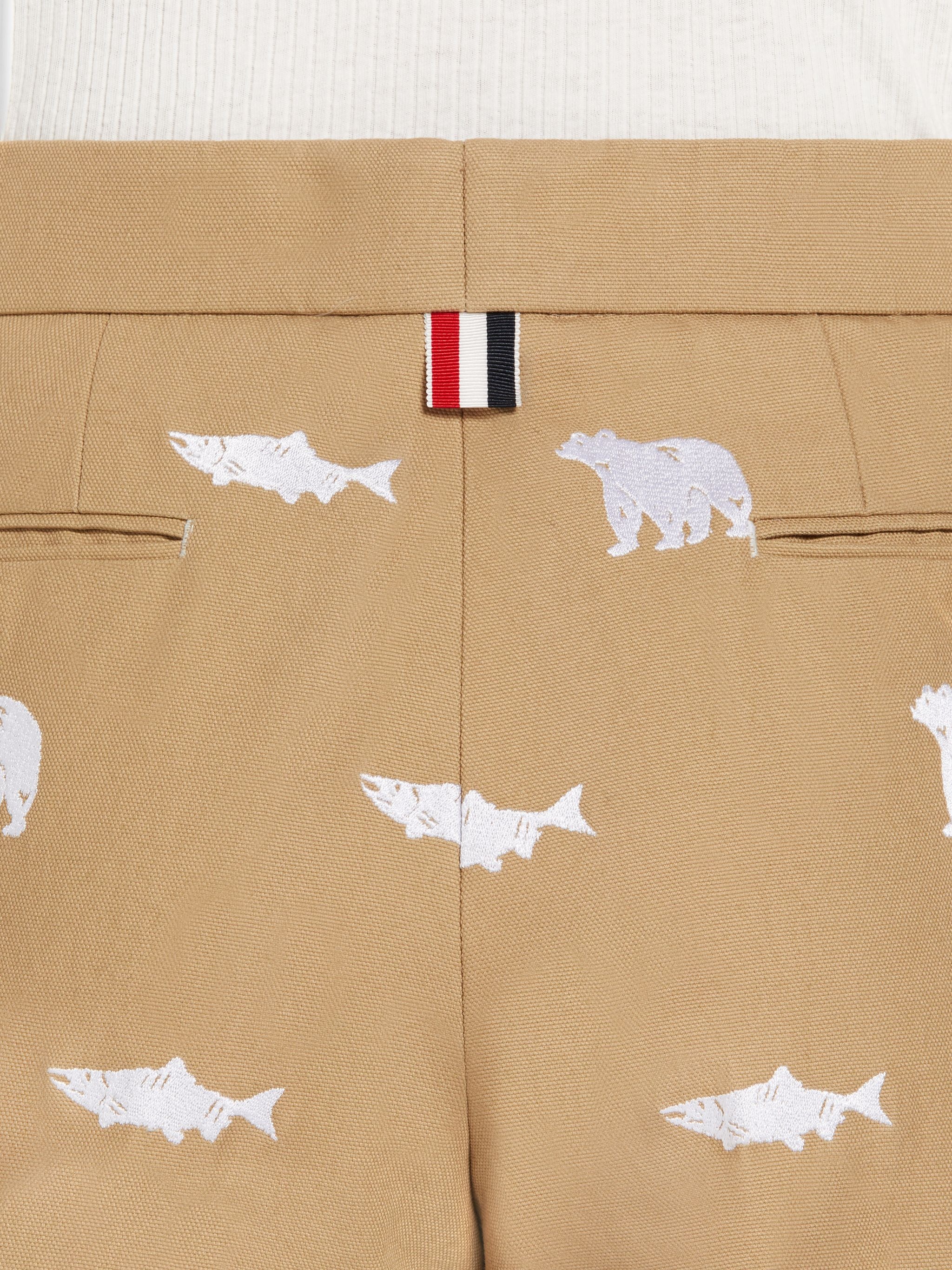 Camel Canvas Bear and Salmon Half Drop Fill Stitch Embroidery Low Rise Side Tab Skinny Trouser - 5