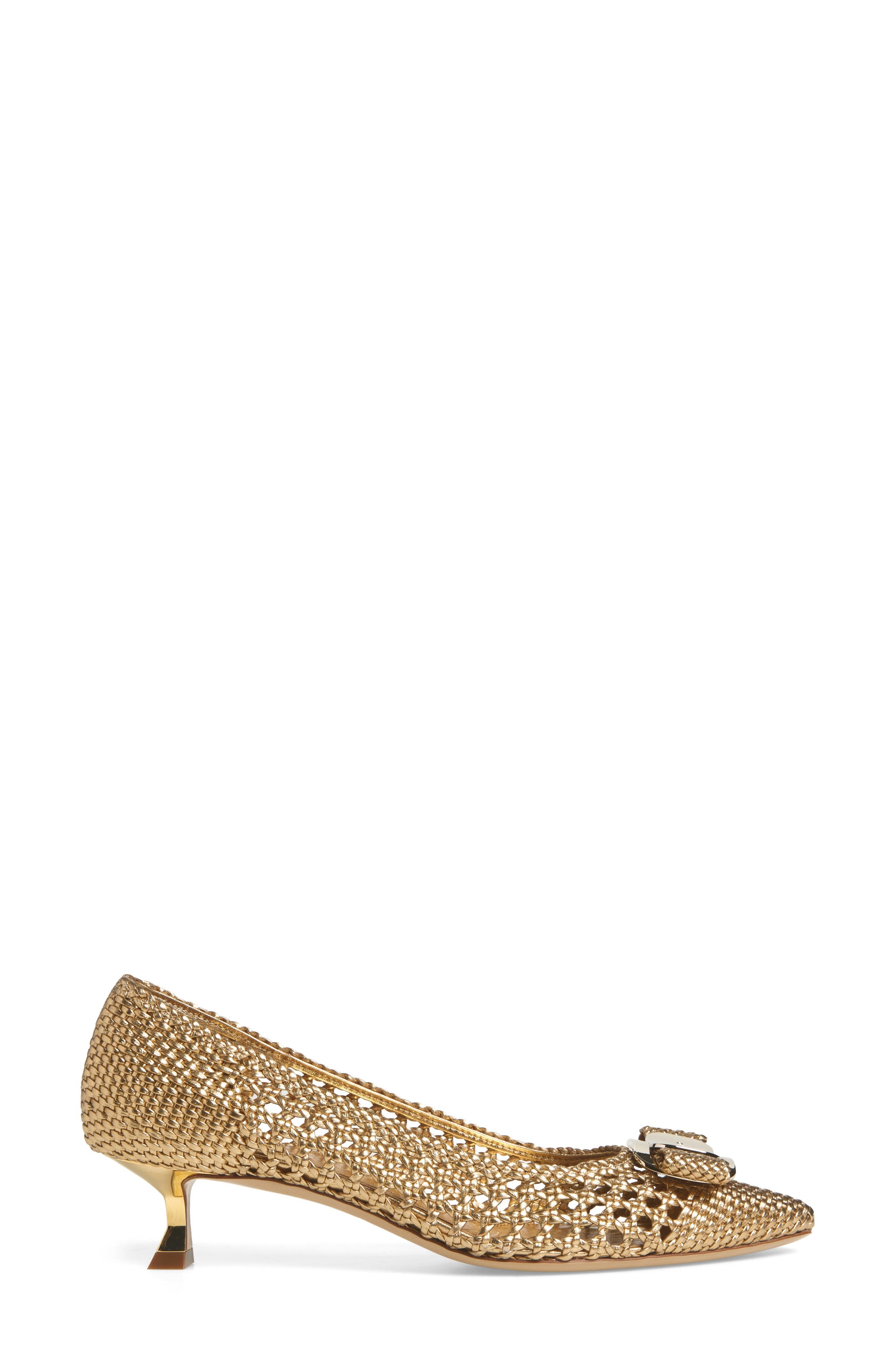 FERRAGAMO Zelma Bow Woven Pointed Toe Kitten Heel Pump in Gold Lux at Nordstrom - 3