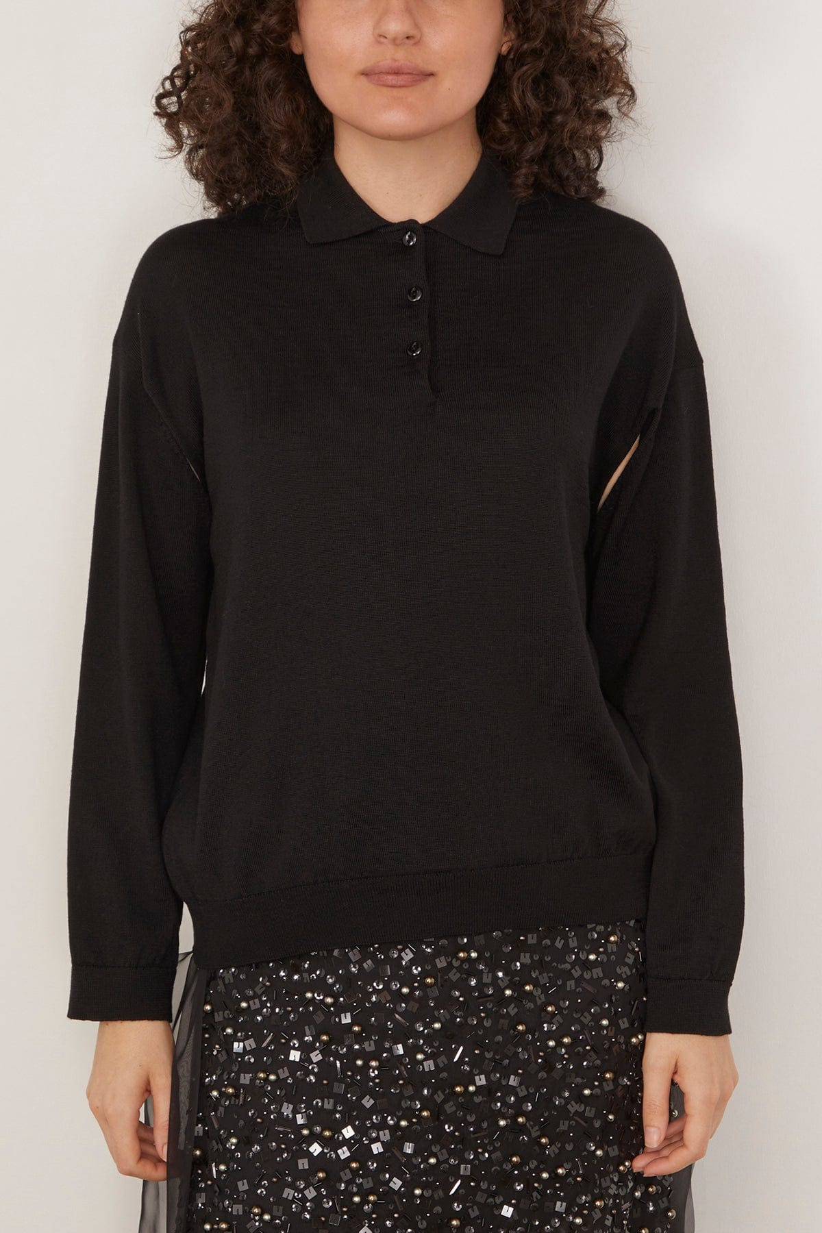 Polo Neck Merino Wool Cut-Out Knit Sweater in Black - 3