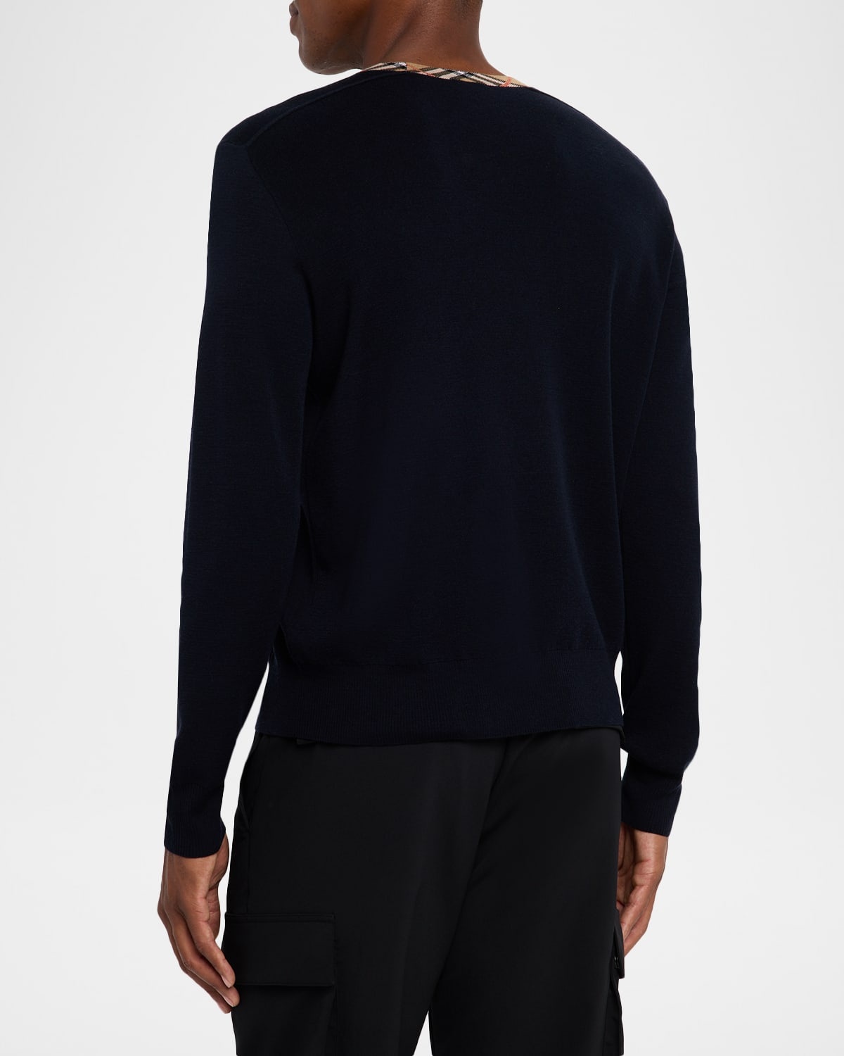 Men's Wool Knit Check-Trim Crewneck Sweater - 3