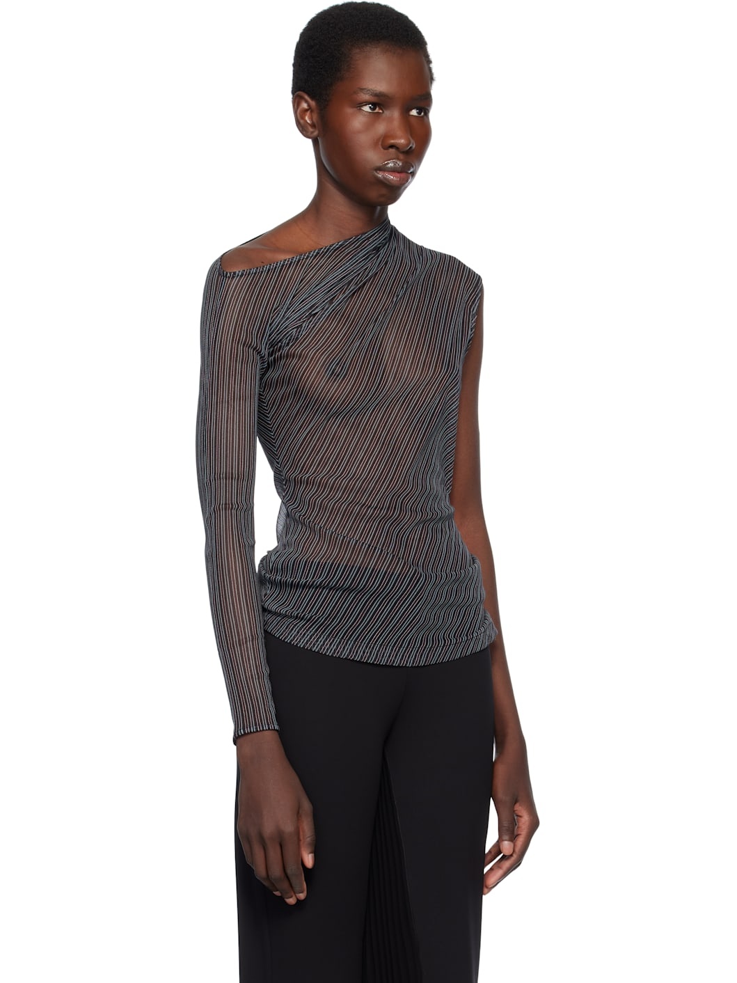 Black Asymmetric Striped Mesh T-shirt - 2