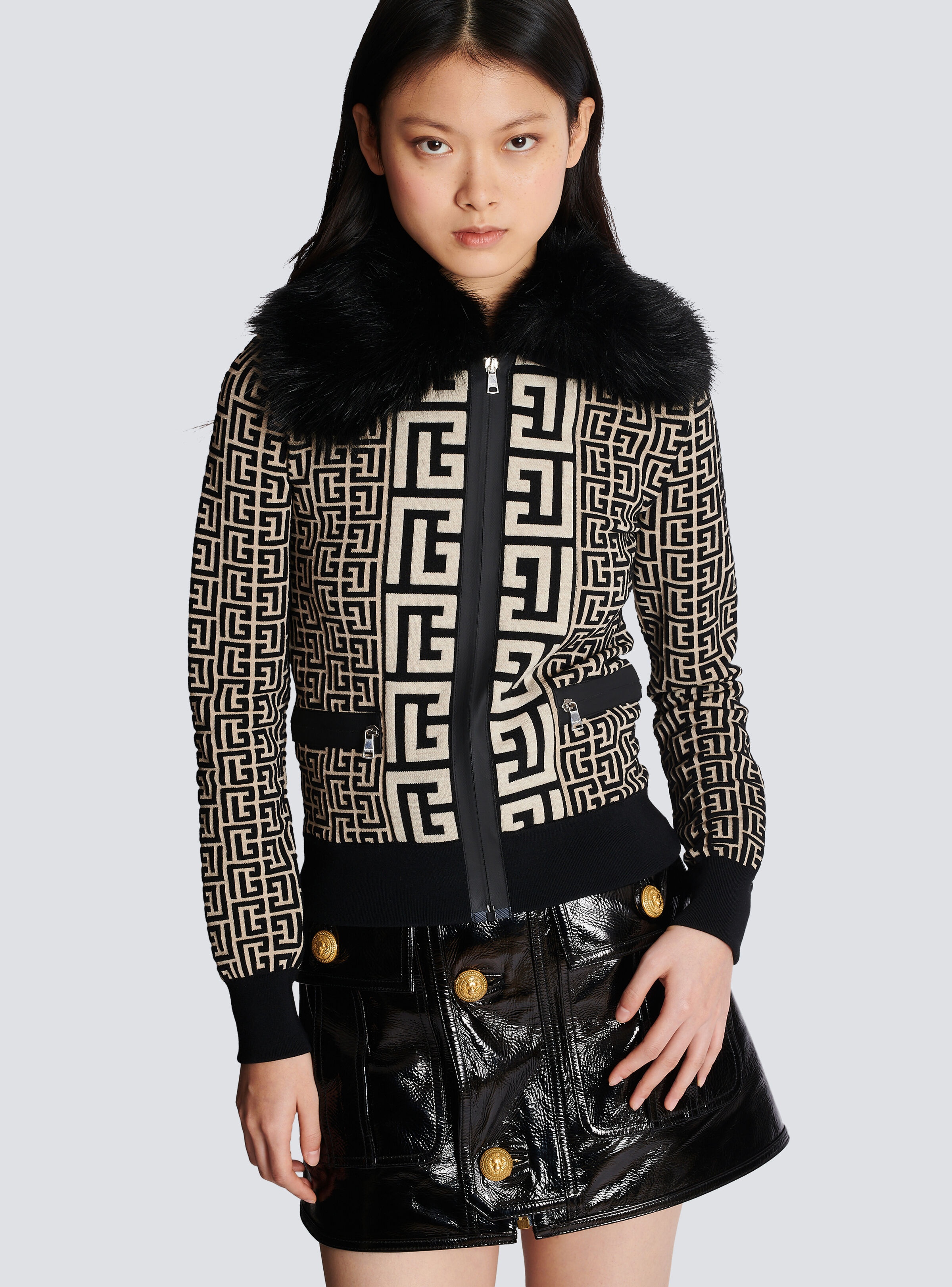 Monogrammed knit jacket with faux fur - 6