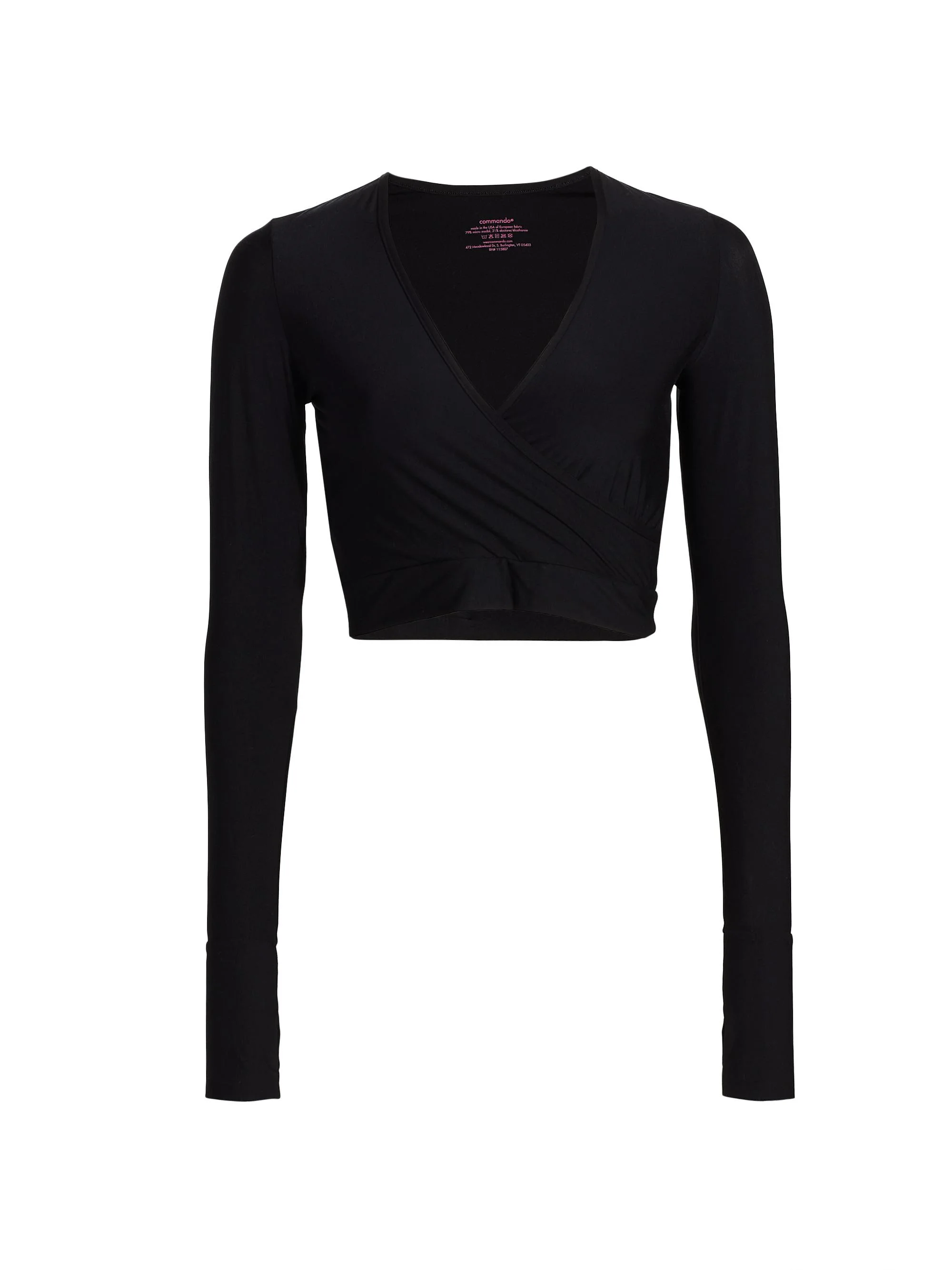 Women's Wrap Long Sleeve Cropped Top - Black - 1