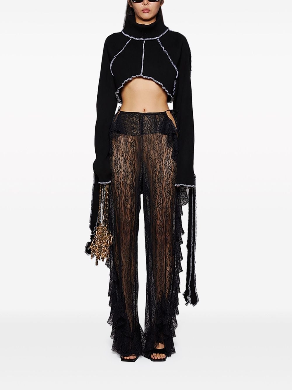 ruffled straight-leg lace trousers - 2