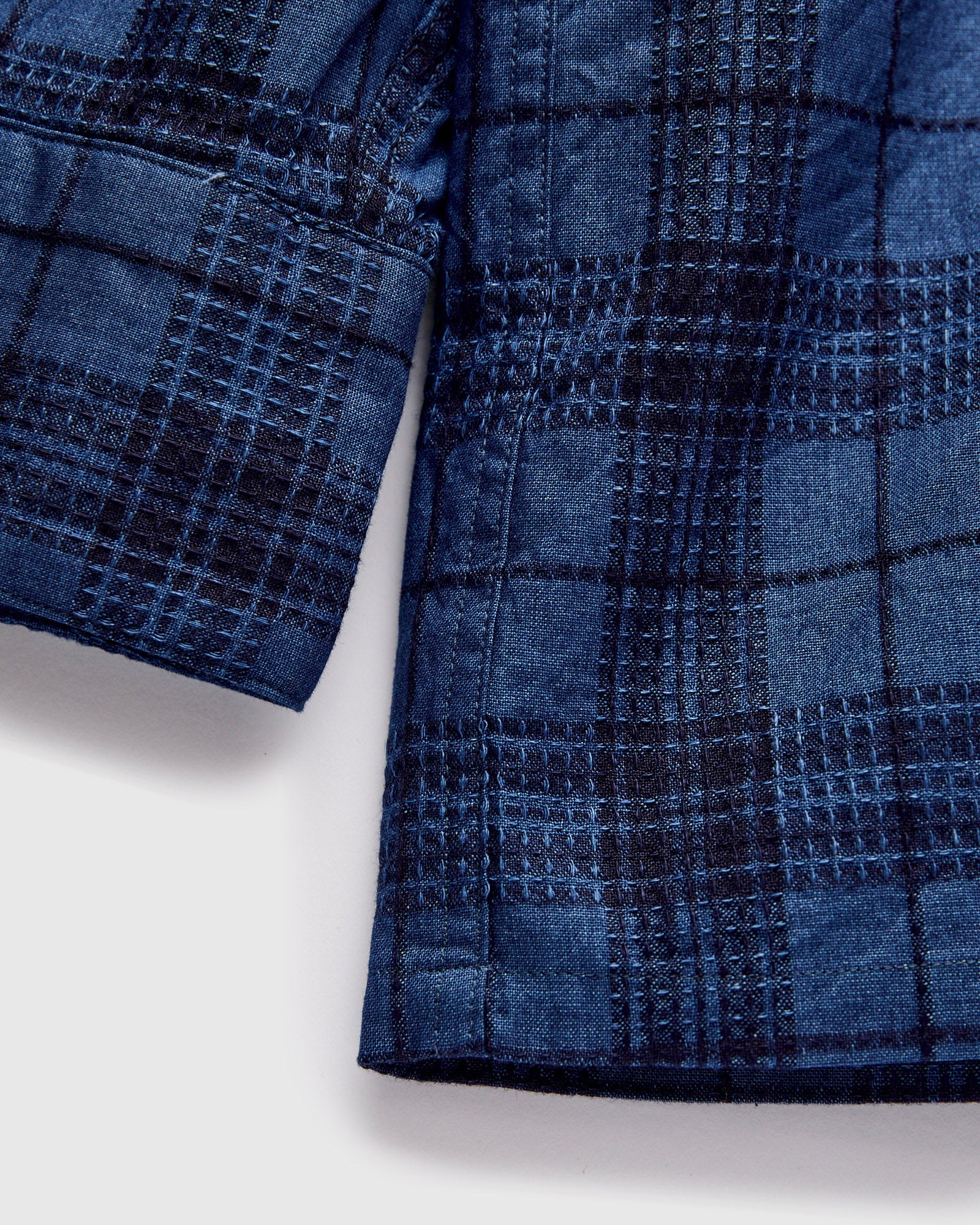 MIL Dobby Plaid Open Collar Shirt in Indigo - 7