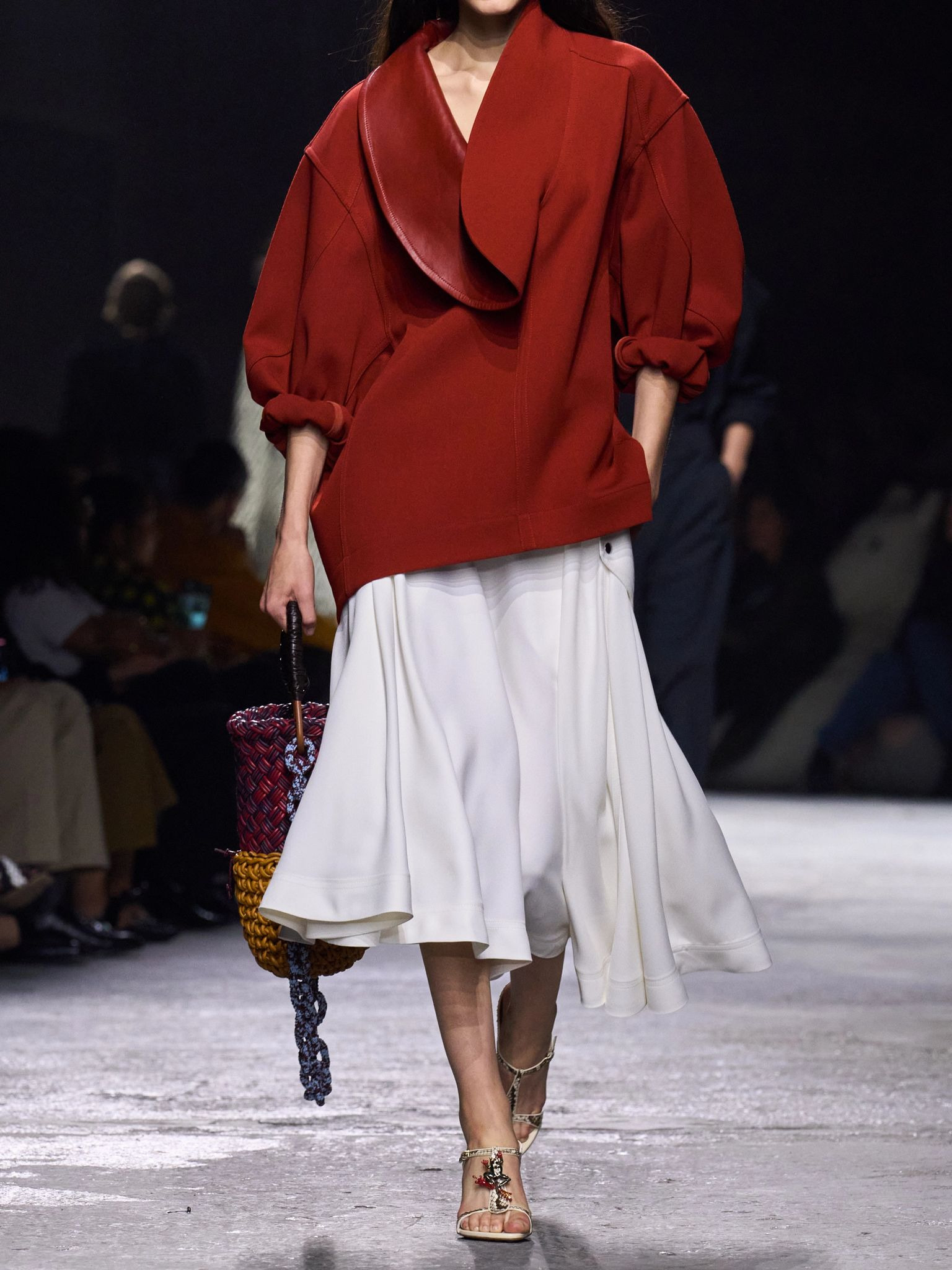 Oversized leather-trimmed cotton-blend crepe blouse Tomato red - 5