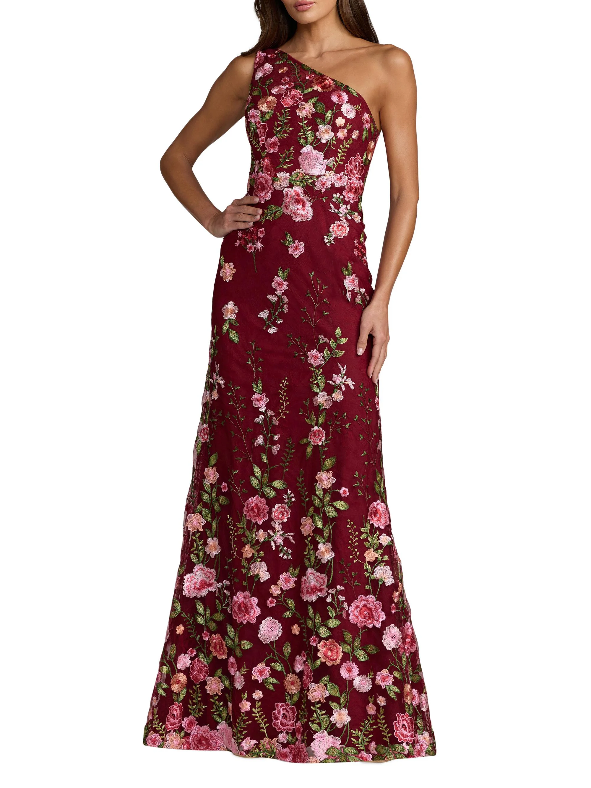 Women's One-Shoulder Floral Embroidered Gown - Burgundy - 1