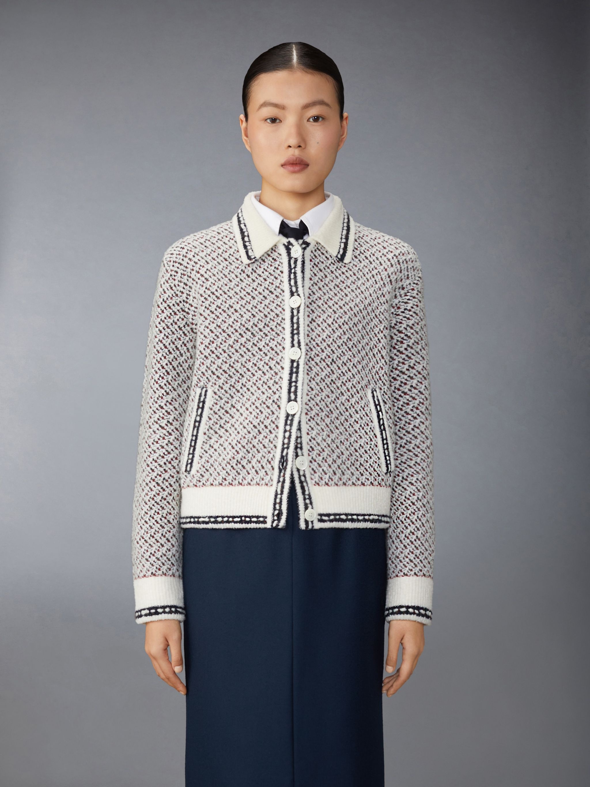 Merino Wool Boucle and Mohair Tweed Jacquard Polo Collar Bomber - 1