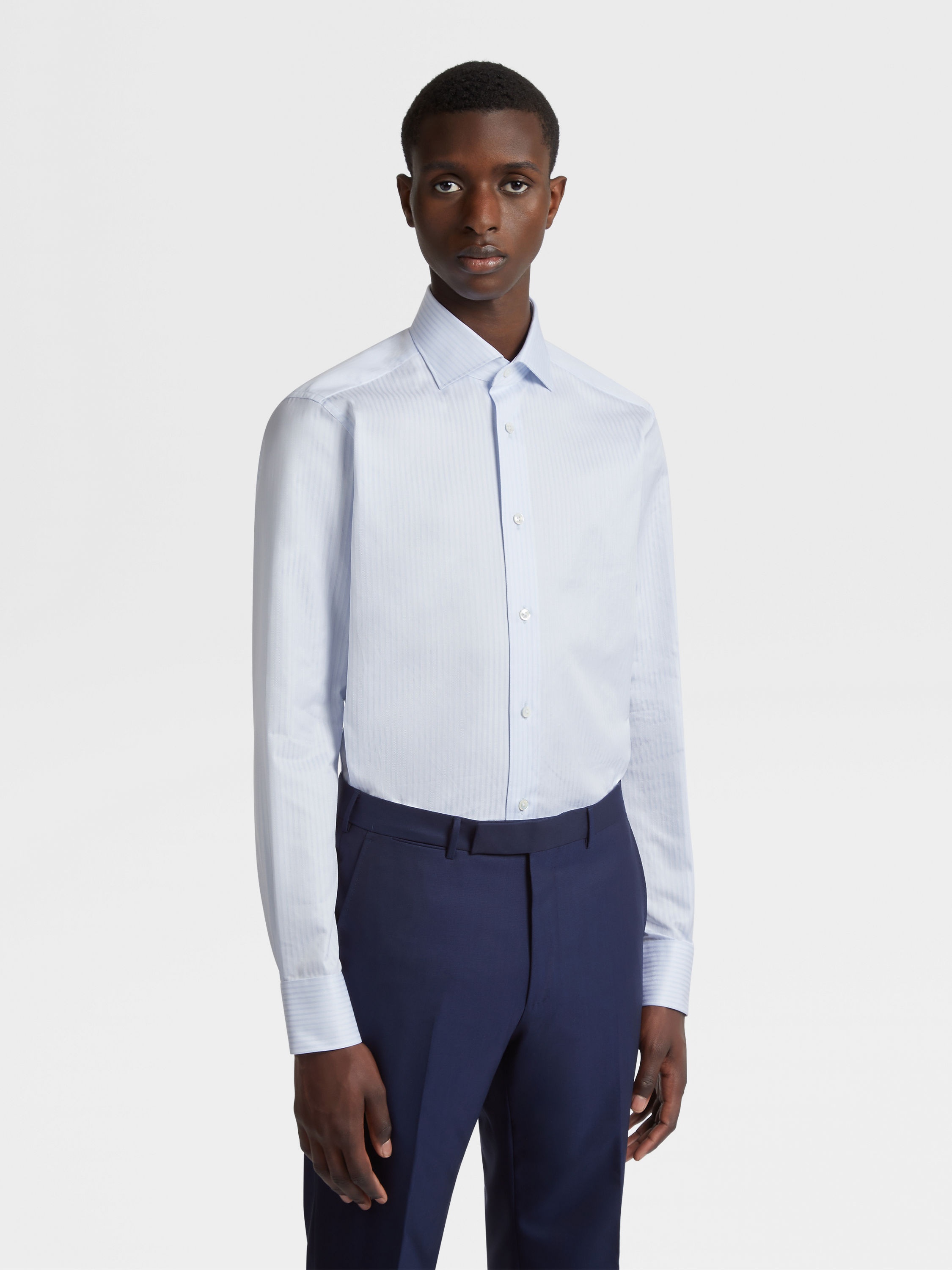 LIGHT BLUE AND BLUE CENTOVENTIMILA COTTON STRUCTURED MICRO-STRIPED SHIRT - 2
