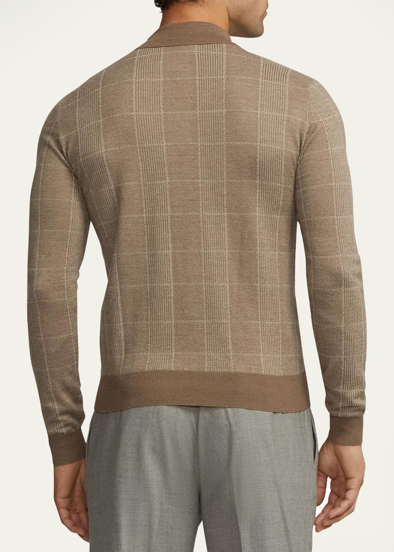 Men's Glen Plaid Cashmere-Silk Polo Sweater 3