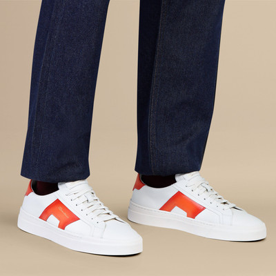 Santoni Men’s white and orange leather double buckle sneaker outlook