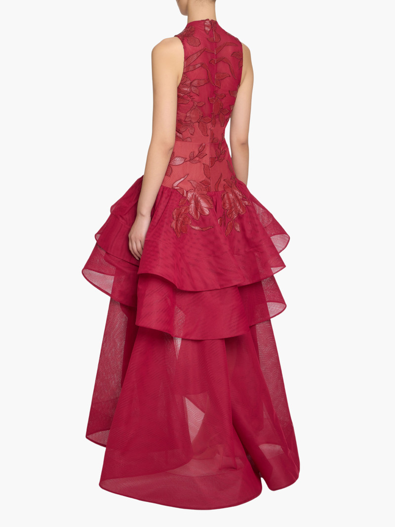 Marchesa LEATHER GUIPURE HIGH NECK SLEEVELESS TIERED GOWN outlook