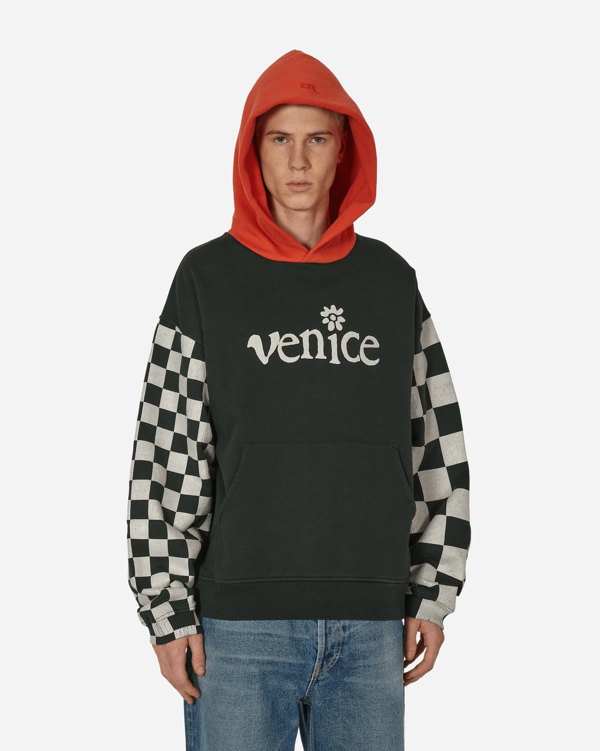 Venice Checked Sleeve Hooded Sweatshirt Black - 1