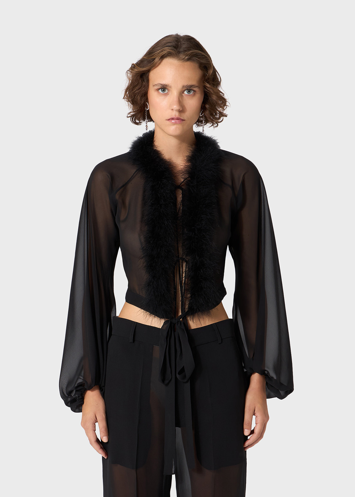 GEORGETTE SHIRT WITH FEATHER-TRIMMED NECKLINE - 3