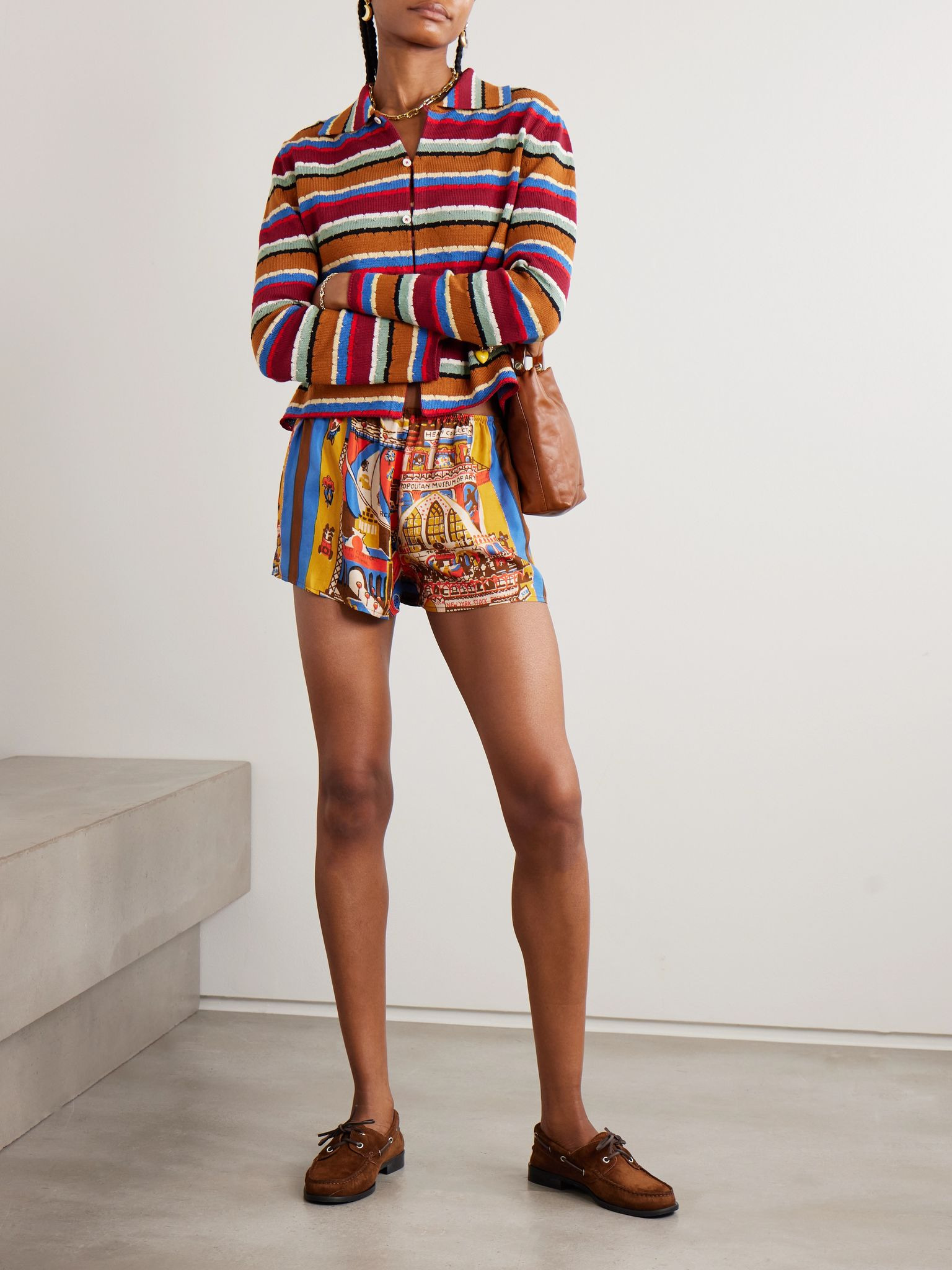 Manhattan Island printed silk-twill shorts Brown - 2