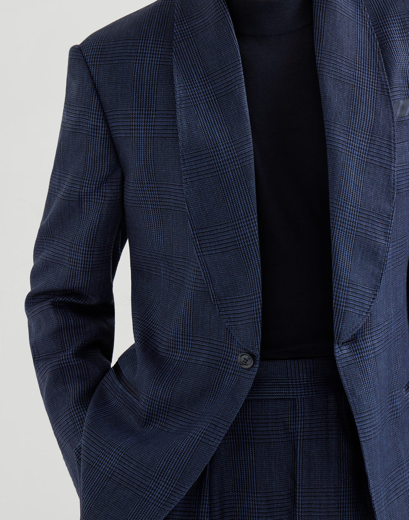 Cotton and linen Prince of Wales tuxedo with shawl lapel jacket and trousers with double pleats and 4