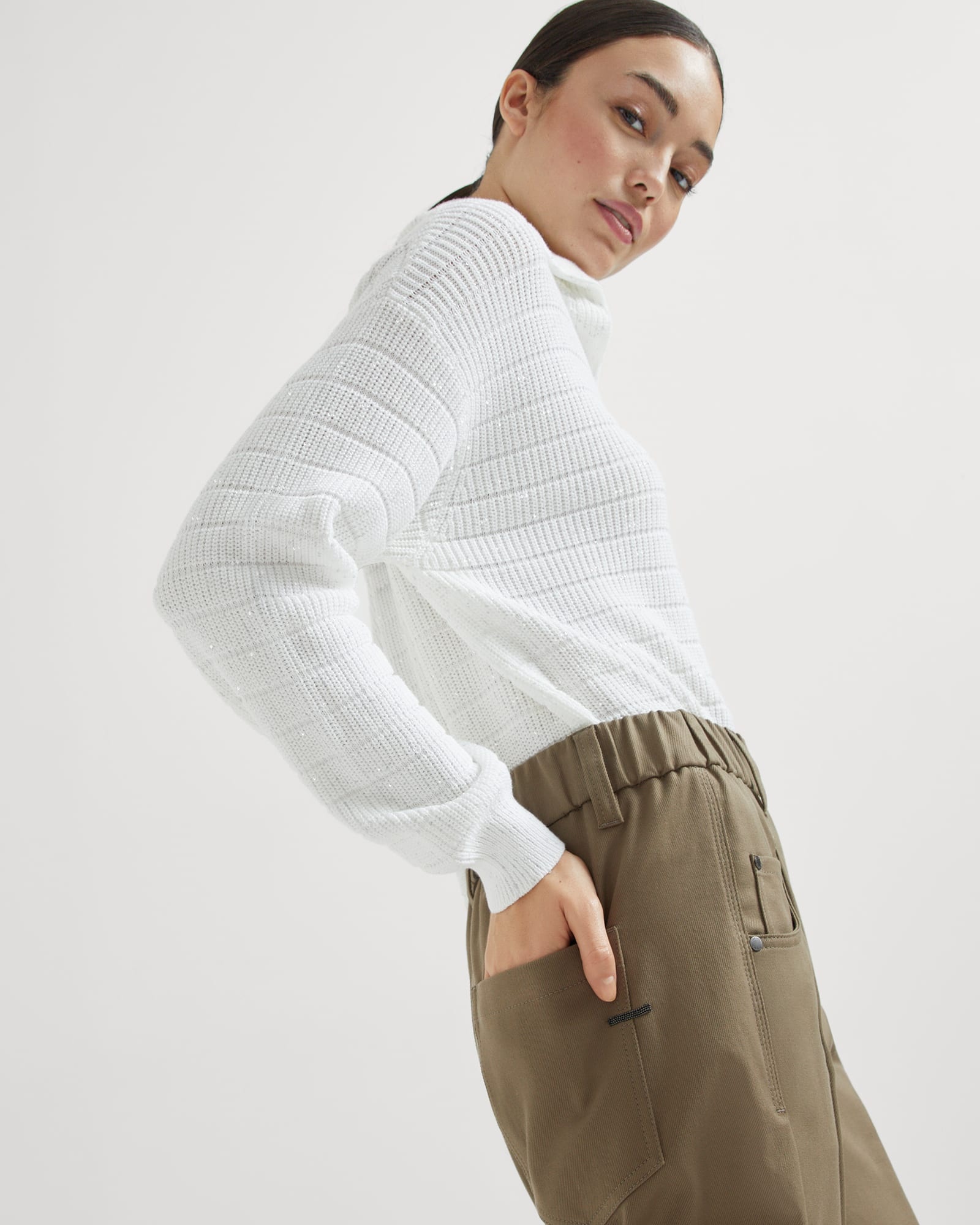 Stretch cotton cover baggy pull-on trousers with shiny bartack - 3