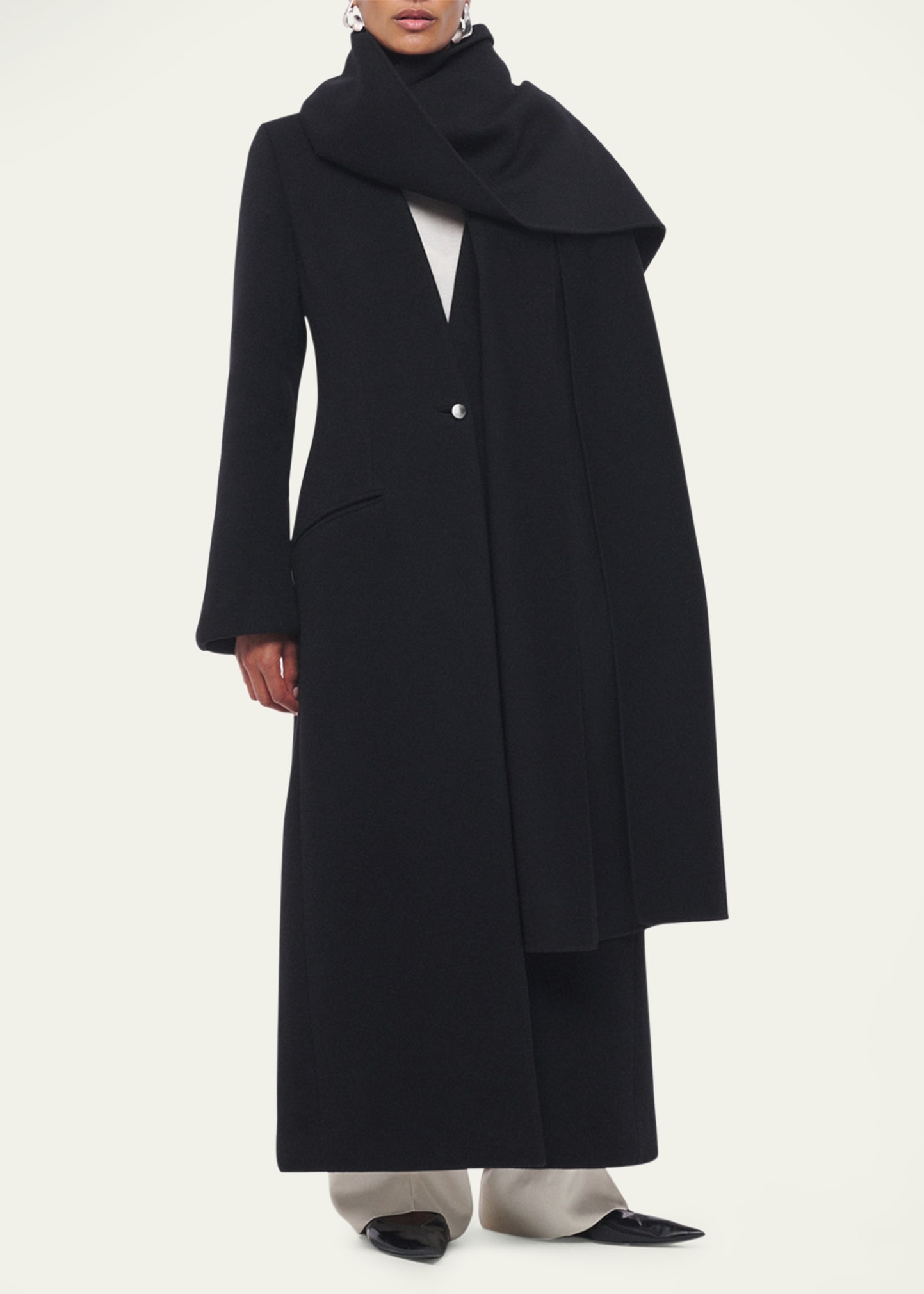 Long Deep V Scarf Cashmere Coat - 4