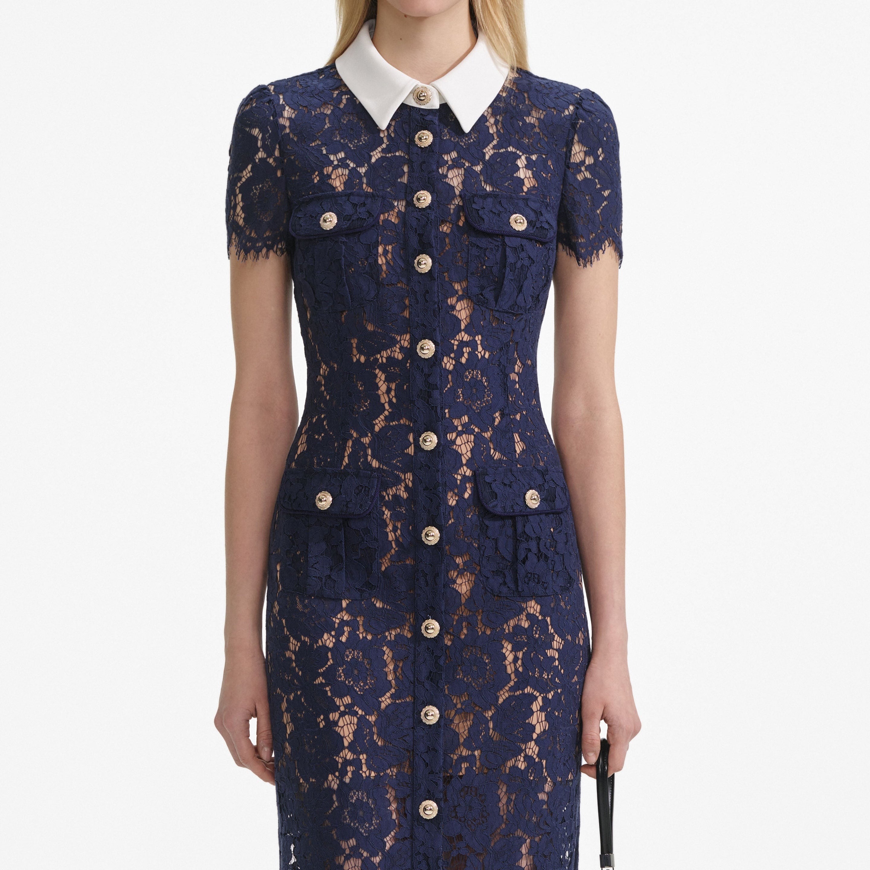 Navy Lace Contrast Collar Midi Dress - 4