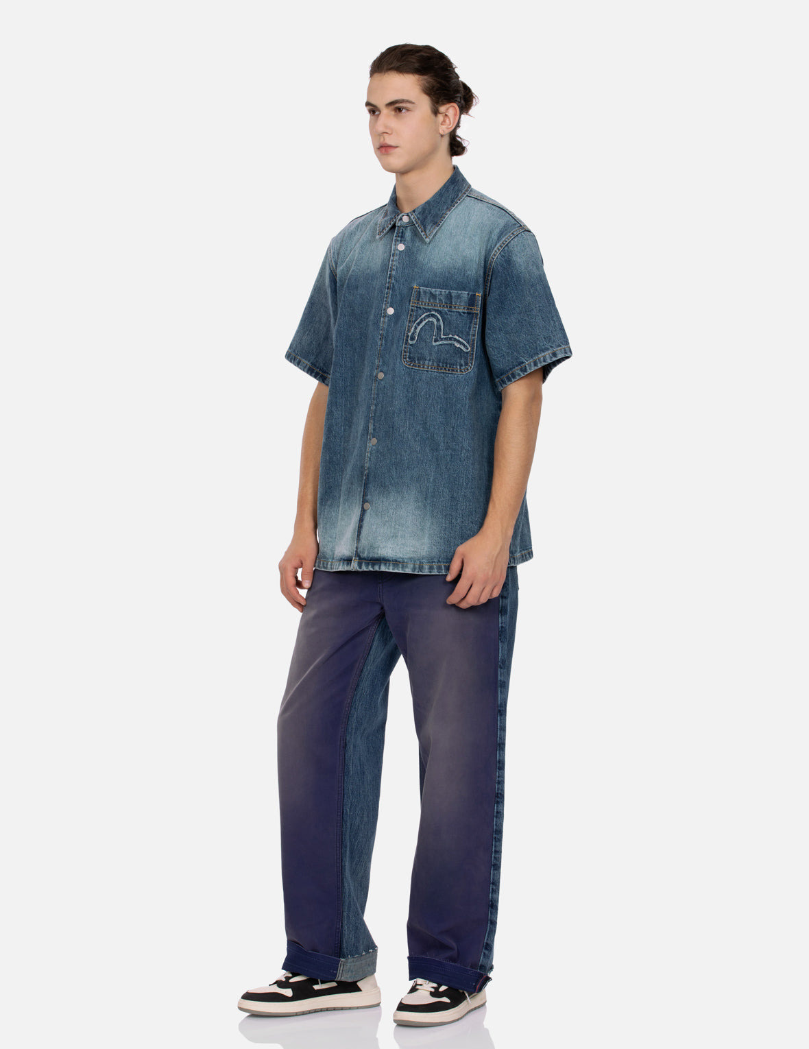 SEAGULL AND LOGO APPLIQUÉ EMBROIDERY BOXY DENIM SHORT-SLEEVES SHIRT - 4