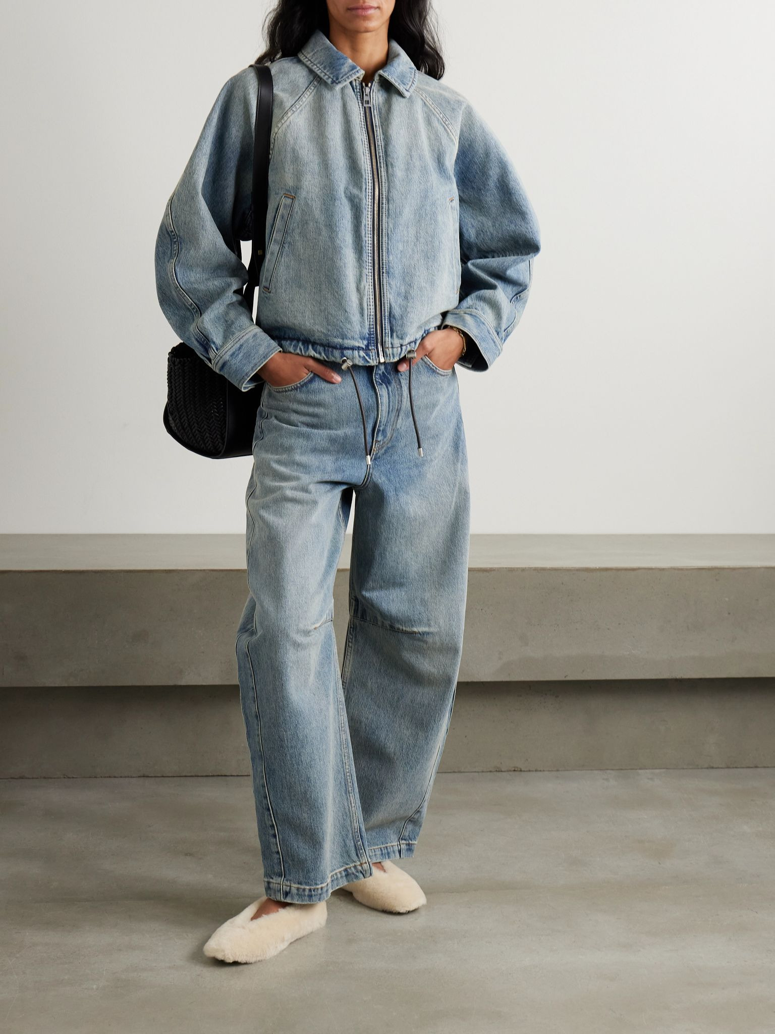 Leather-trimmed denim bomber jacket Blue - 2