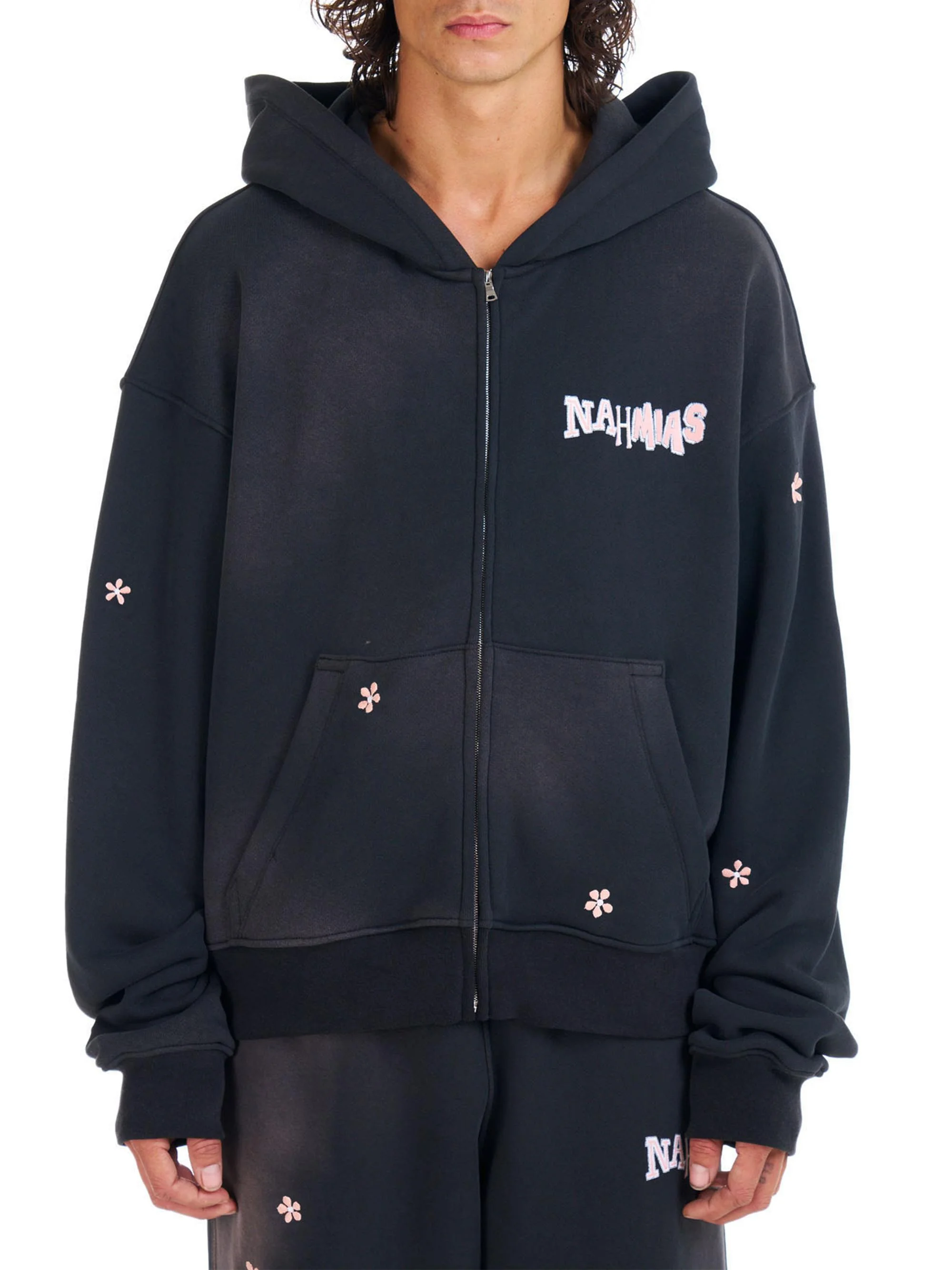 Men's Flower Groms Zip-Up Hoodie - Aged Black Fleece - 1
